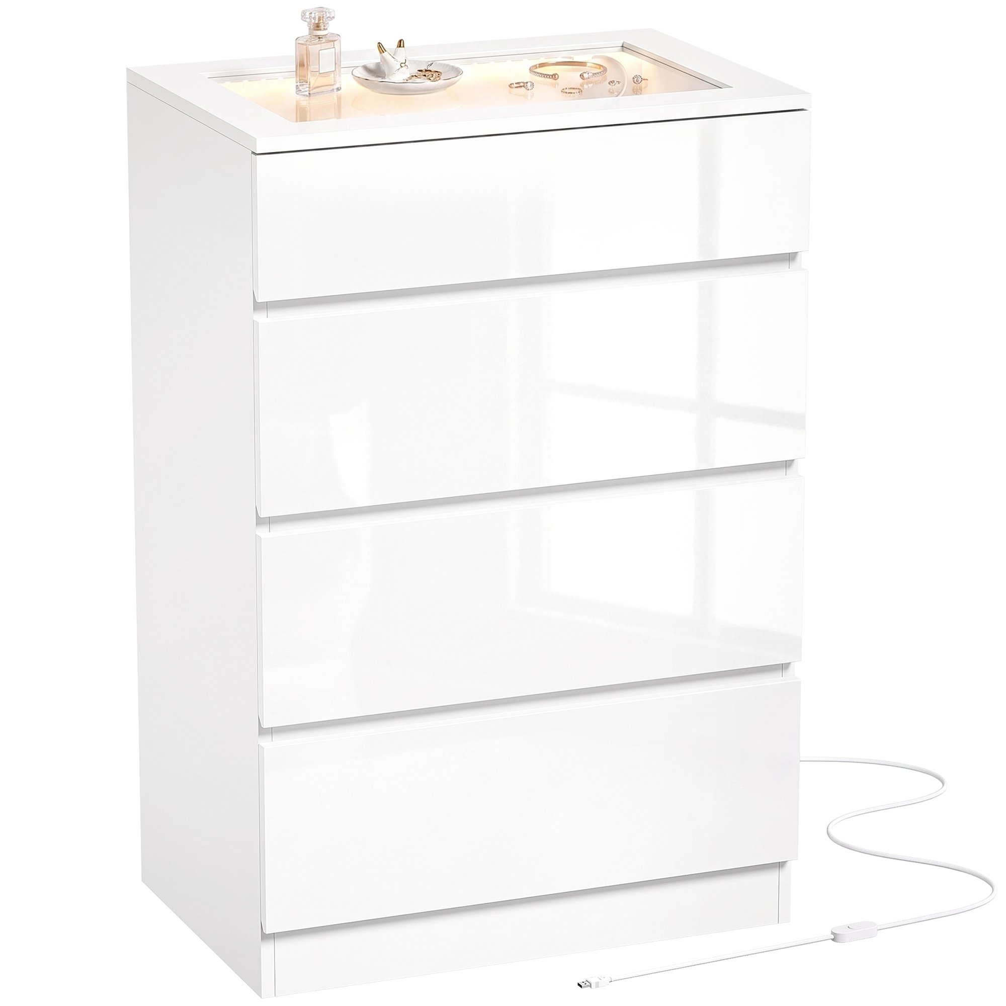 HOMCOM 4 Drawer High Gloss Tempered Glass Top Chest of Drawers - White