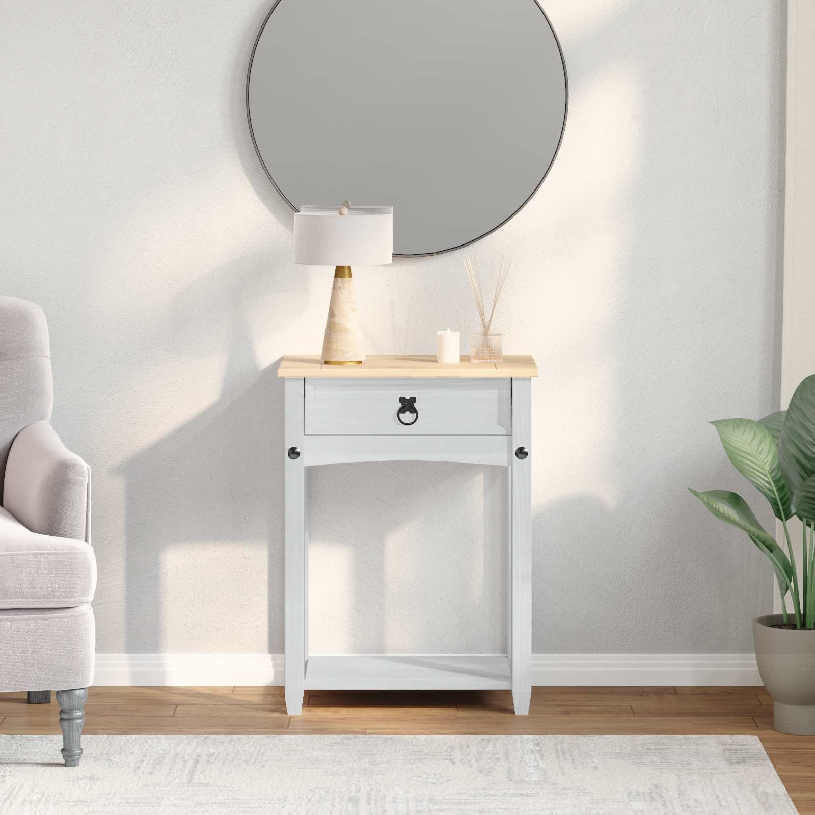 Walplus 1 Drawer Solid Pine Console Table - White - 55 x 35 x 73 cm