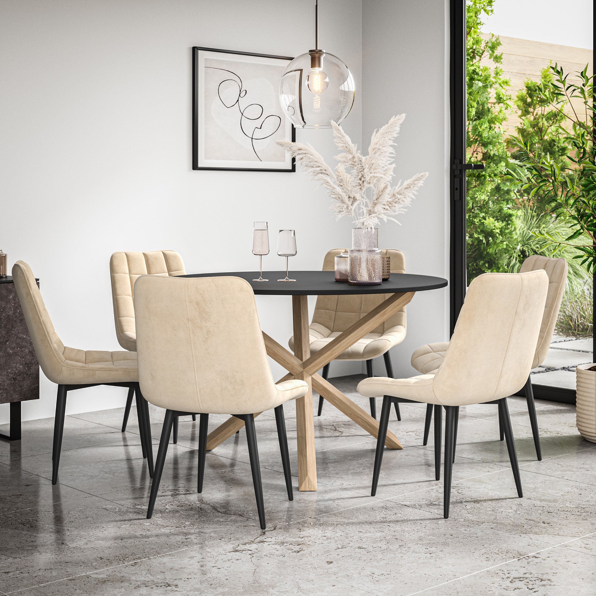 Furniture Online Malvern Nova Black Top Dining Table & 6 Beige Chairs