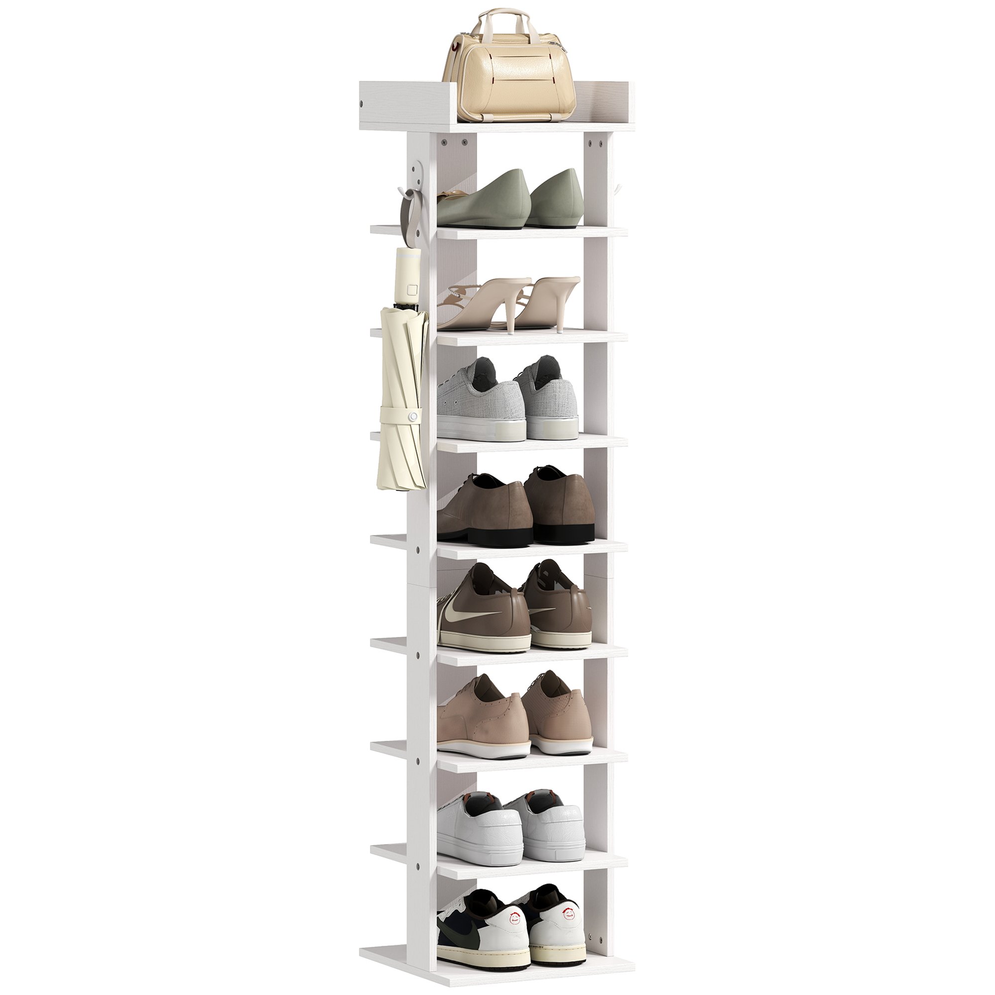 HOMCOM 9 Tier Particleboard Shoe Rack with Top Tray and Guardrail - White