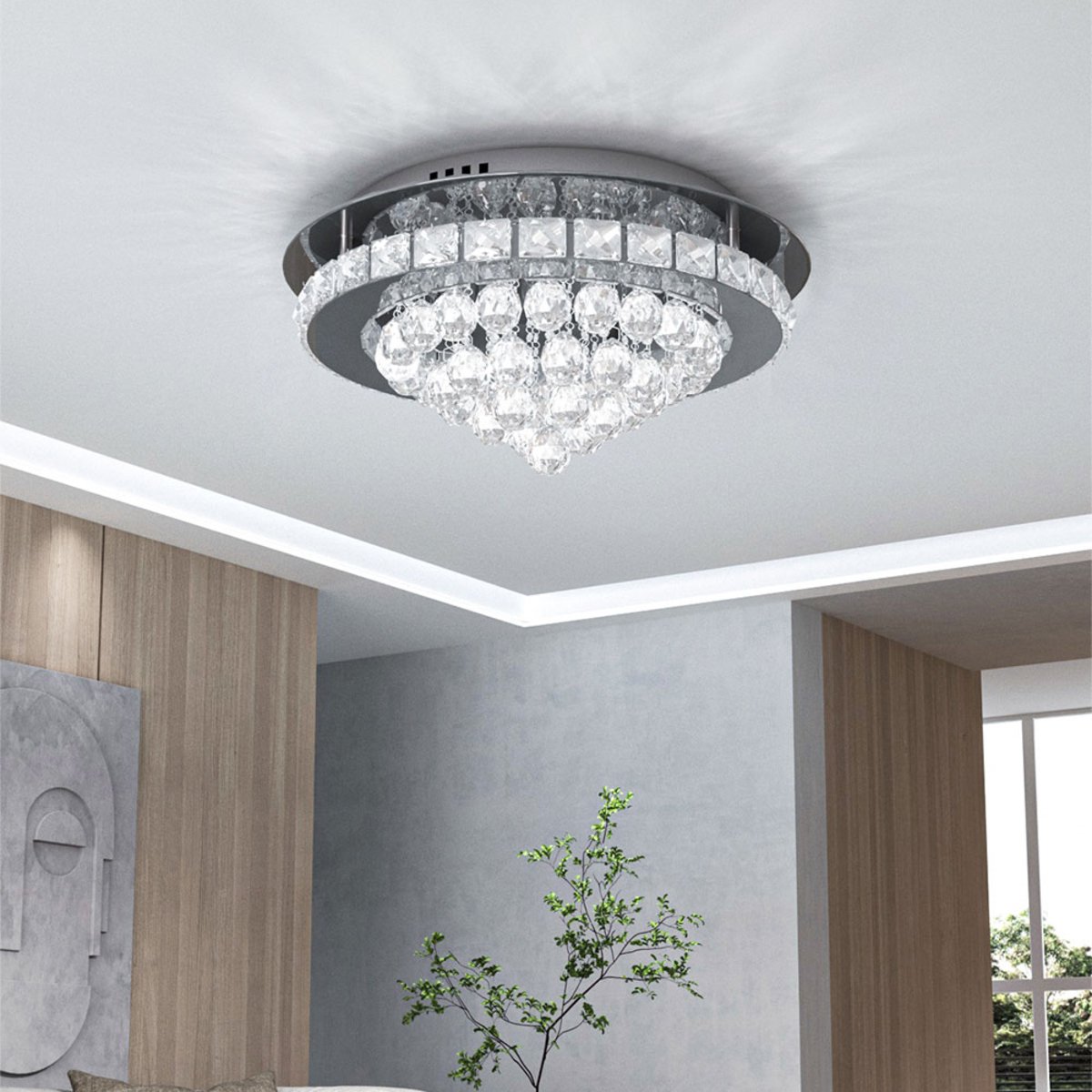 Living and Home Round Crystal LED Semi Flush Ceiling Light - Chrome