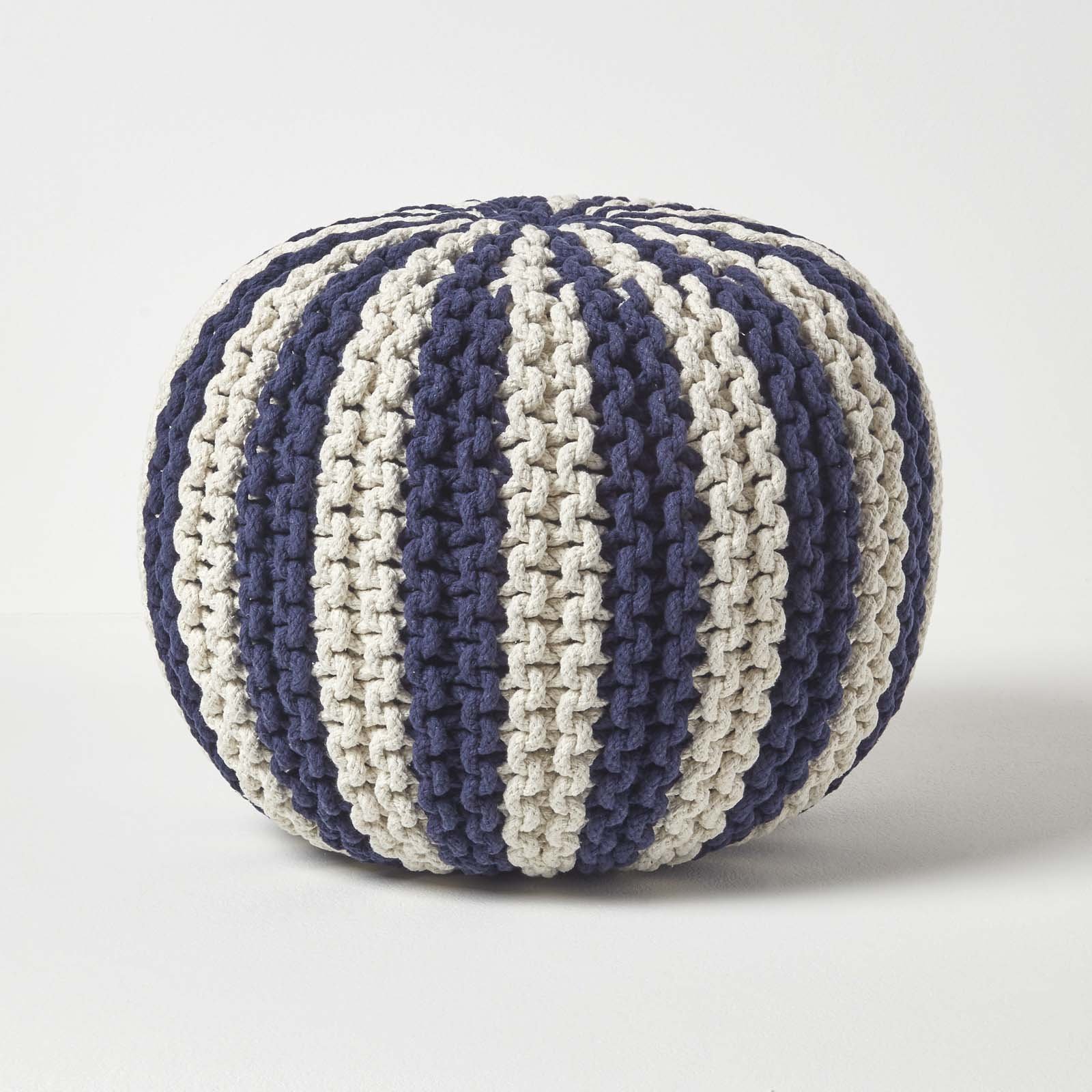Homescapes Knitted Striped Pouffe Footstool – 35 x 40 cm – Navy and White