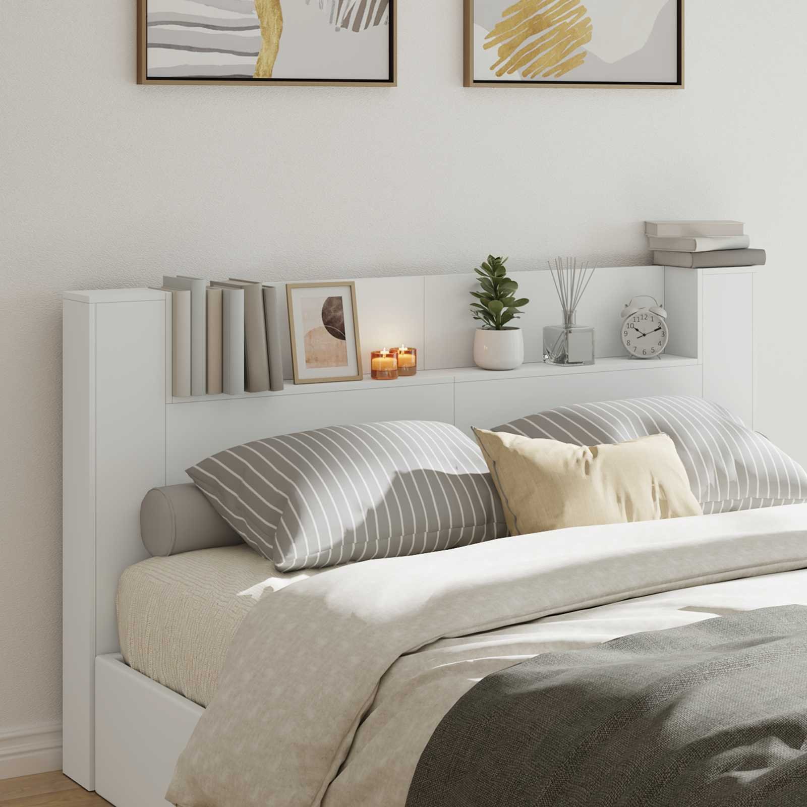 Walplus Engineered Wood LED Storage Headboard - White - 180 x 16.5 x 103.5 cm