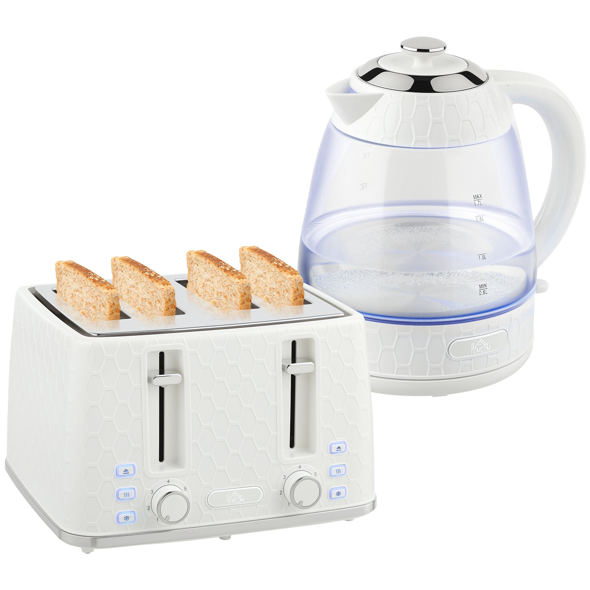 HOMCOM Strix Thermostat Kettle and 4 Slice Toaster with 7 Browning - Cream