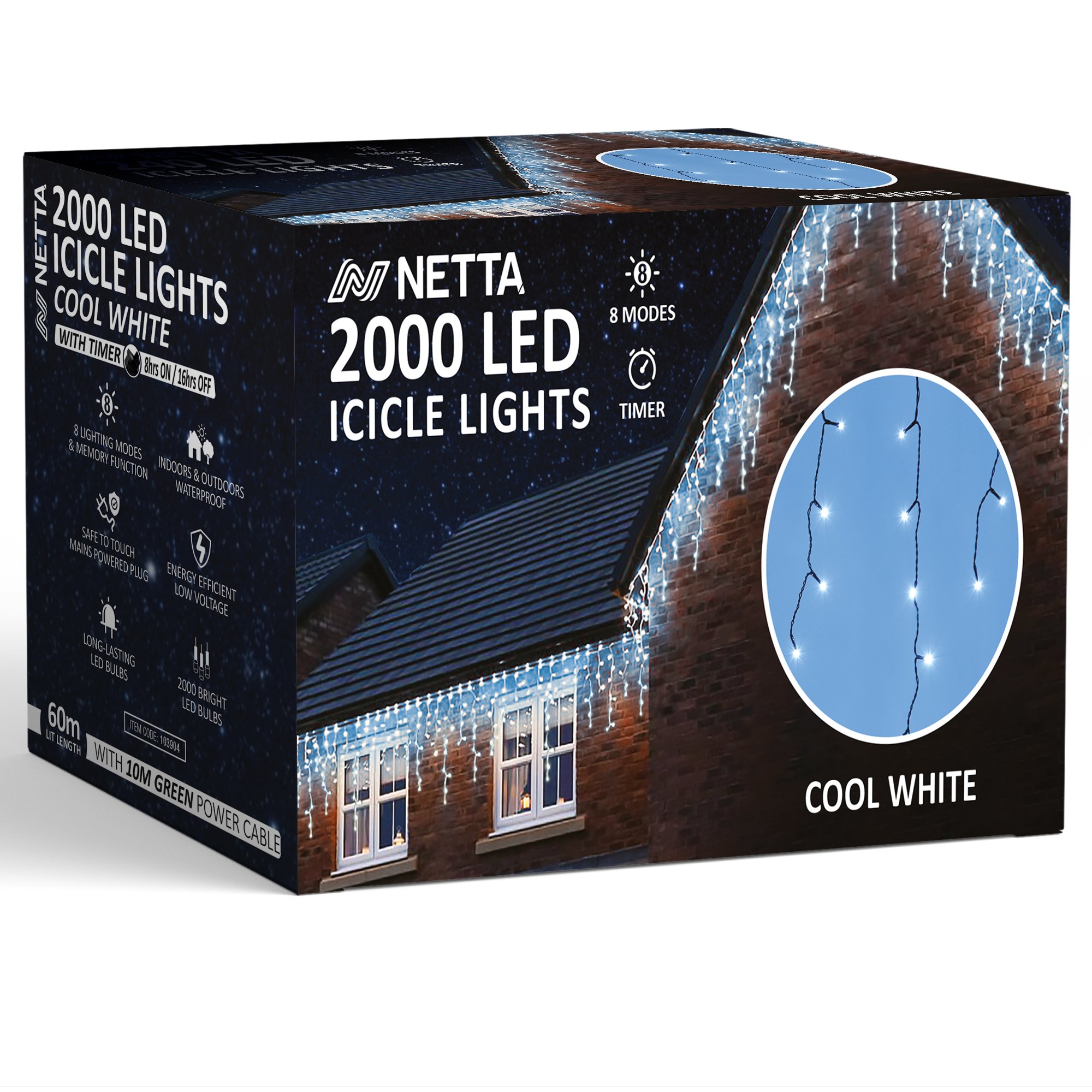 NETTA 60m 2000 LED Outdoor Icicle Christmas Lights with Timer - Cool White