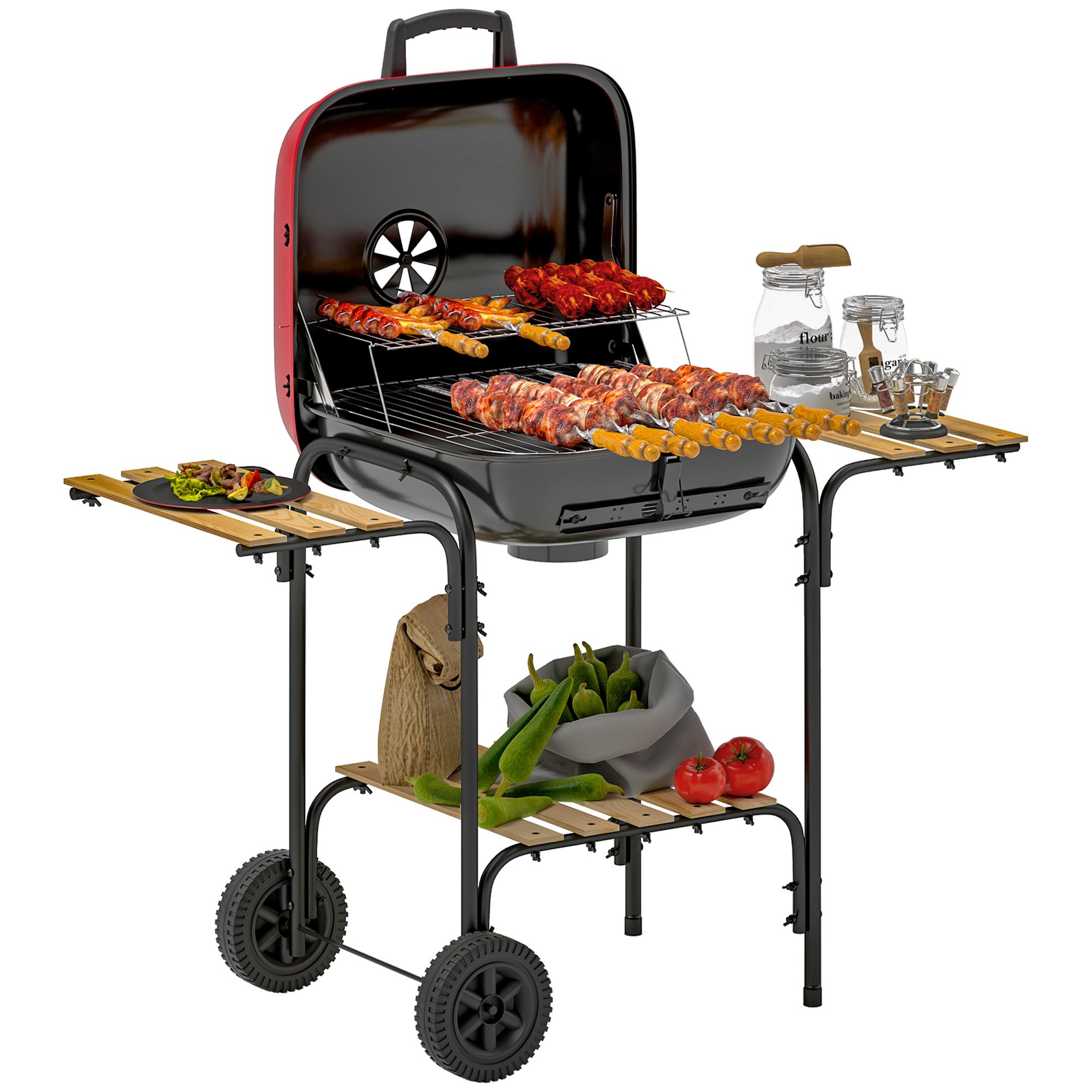 Outsunny Adjustable Portable Garden BBQ Grill with Cooking Area - Red