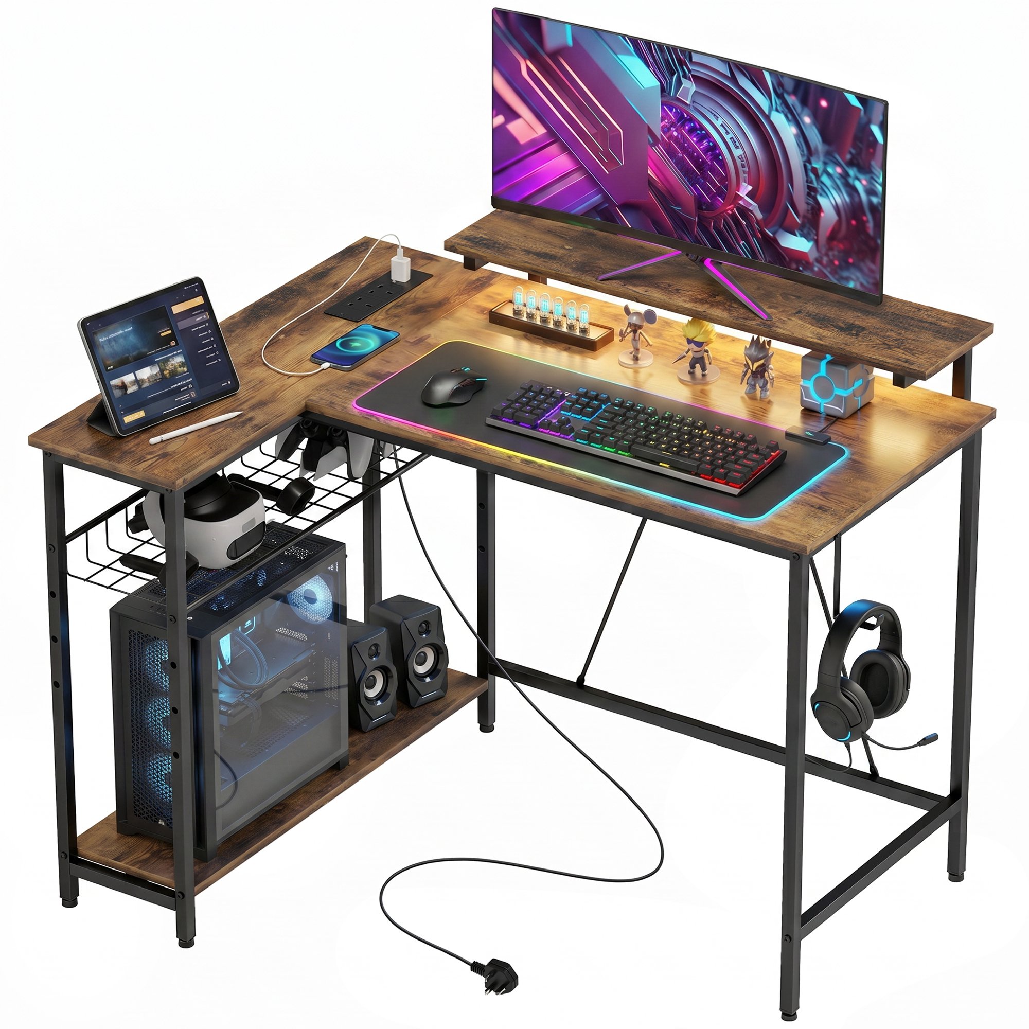 HOMCOM 107cm L Shaped Gaming Desk with LED Lights and power Outlet