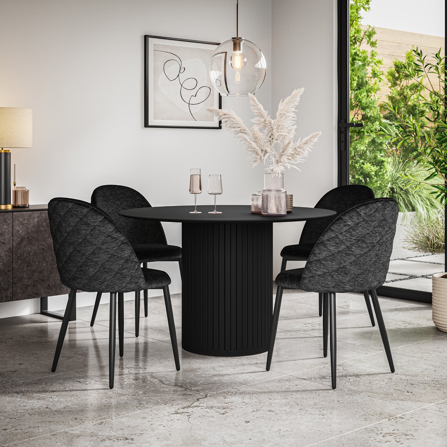Furniture Online Arlo Raye Black Top w Blk Legs Dining Table & 6 Black Chairs