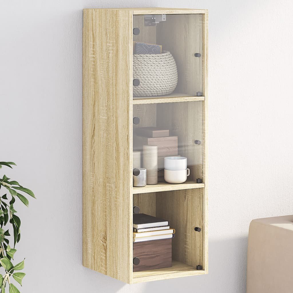 Walplus Engineered Wood Glass Door Wall Cabinet - Light Oak - 35 x 37 x 100 cm