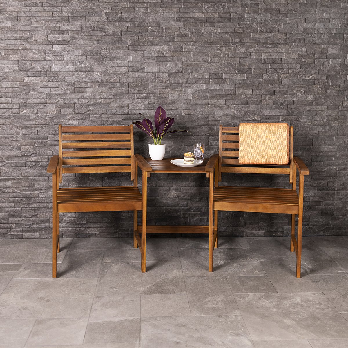 Charles Bentley 2 Seater Acacia Wooden Companion Seat with Parasol Hole Shelf