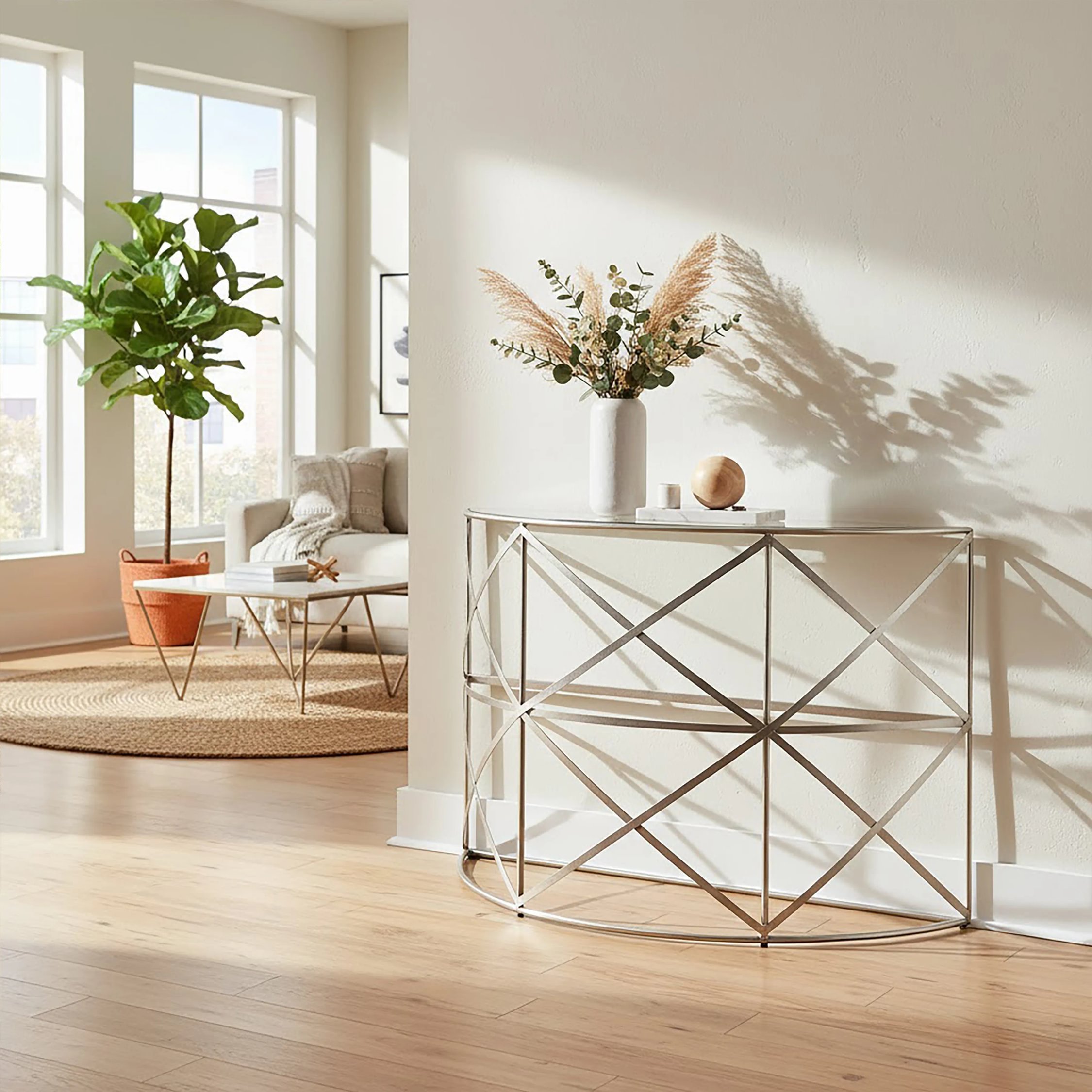 Orsina Rubia Glass Half Moon Console Table – Silver