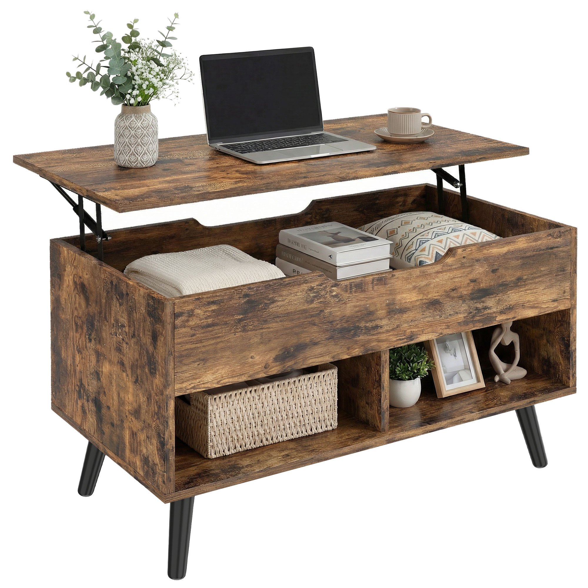 HOMCOM Industrial Lift Top Coffee Table with Hidden Compartment - Rustic Brown