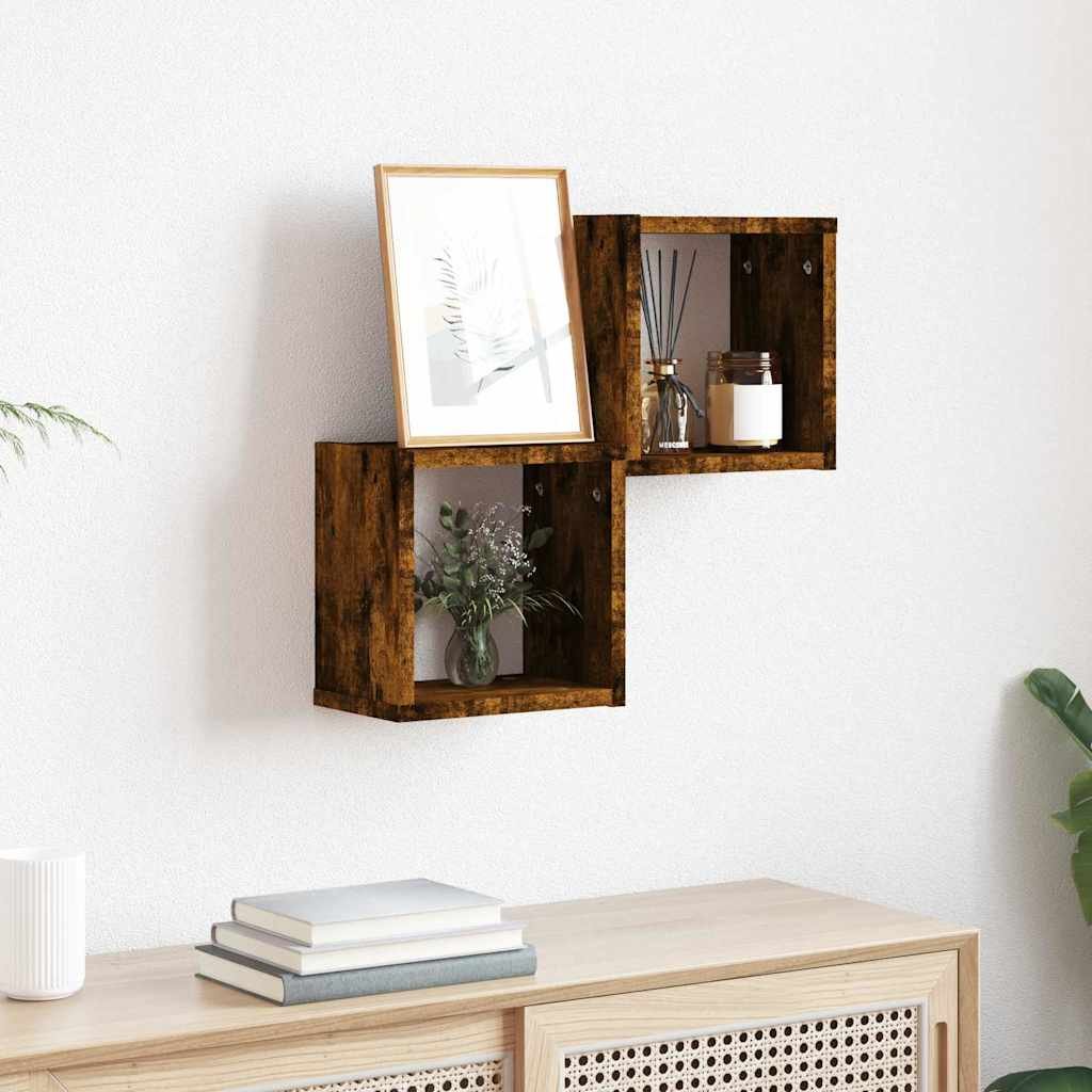 Walplus Pack of 2 Engineered Wood Wall Shelf - Dark Oak - 26 x 15 x 26 cm