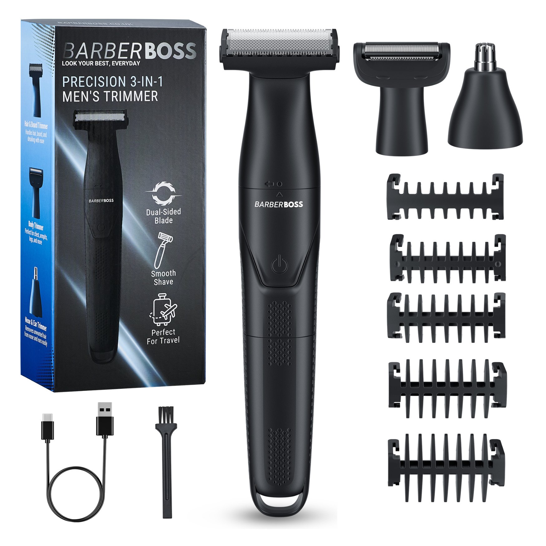 BarberBoss 3-in-1 Men’s Grooming Kits Detail Trimmer, Foil Shaver - Black