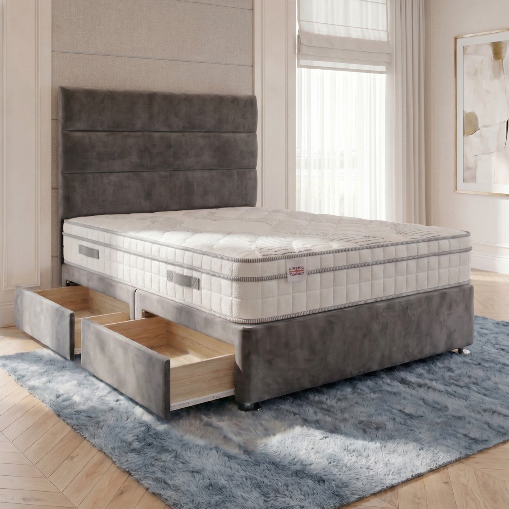Somnior Regent Velvet Small Single 2 Drawer Pocket Mattress Divan Bed - Charcoal
