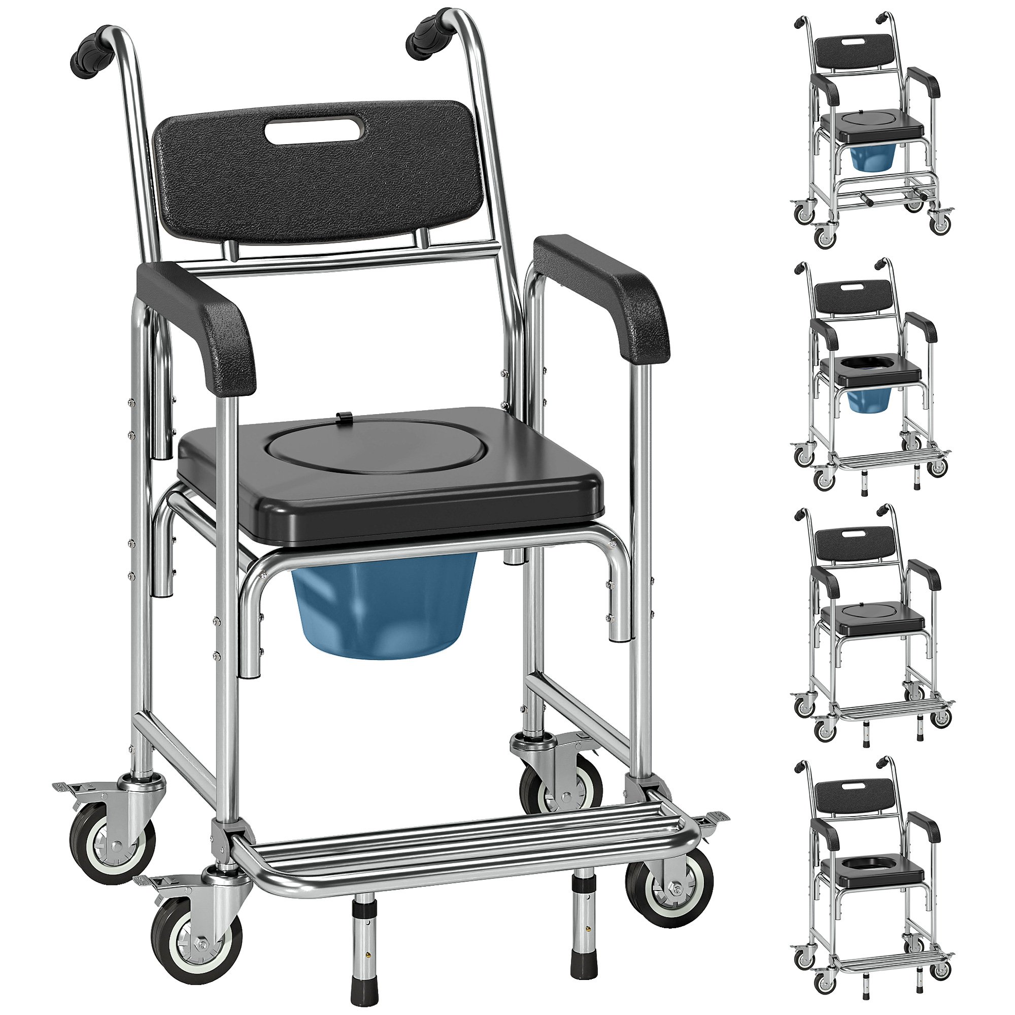 HOMCOM 3-in-1 Wheeled Padded Shower Commode Chair – Black