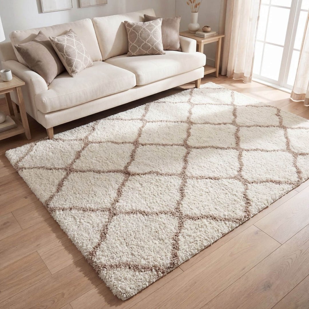 The Rugs  Cream and Beige Moroccan Shaggy Lattice Rug - 60 x 110cm