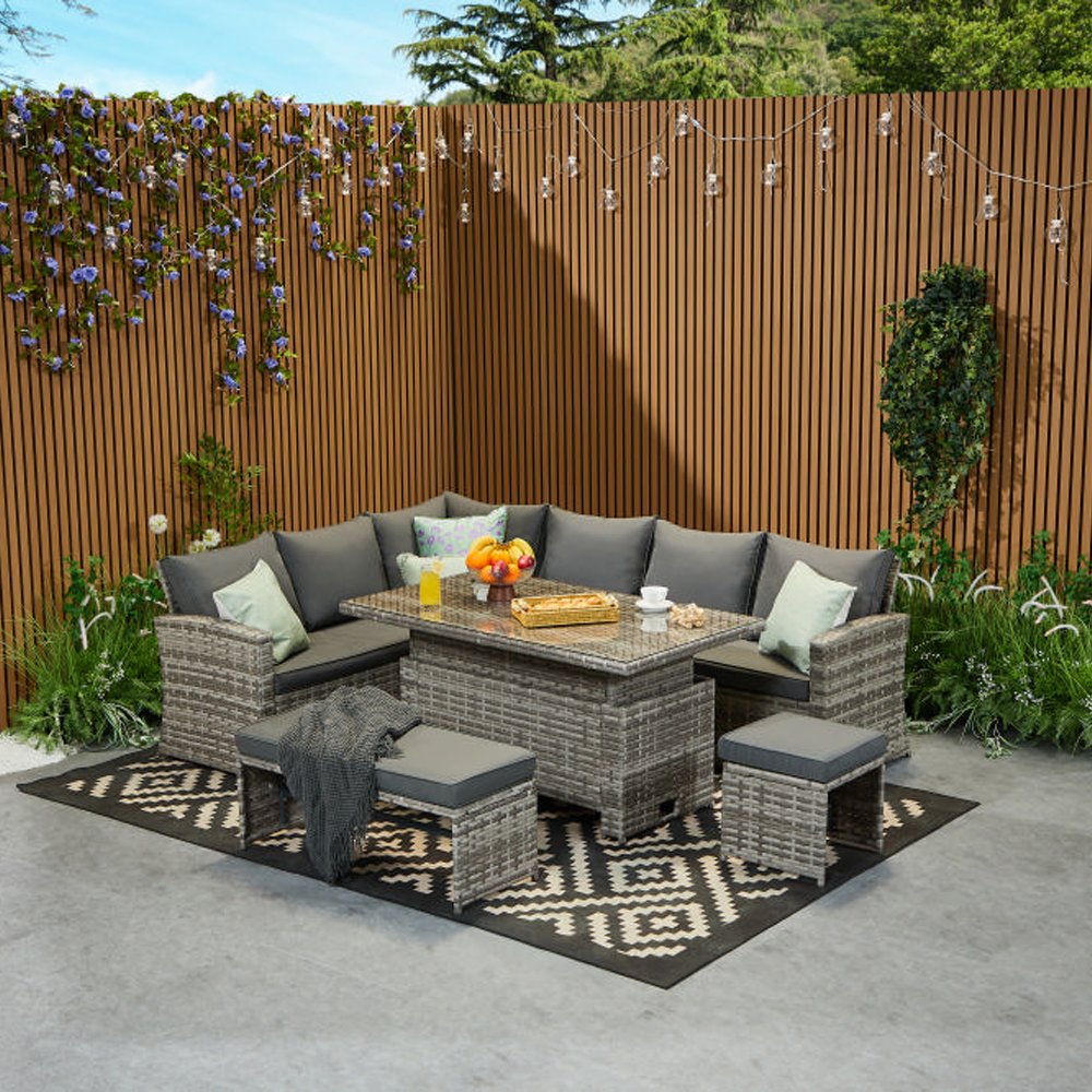 Furniture Maxi Rosen Rattan Effect 9 Seater Rising Table Dining Set - Grey