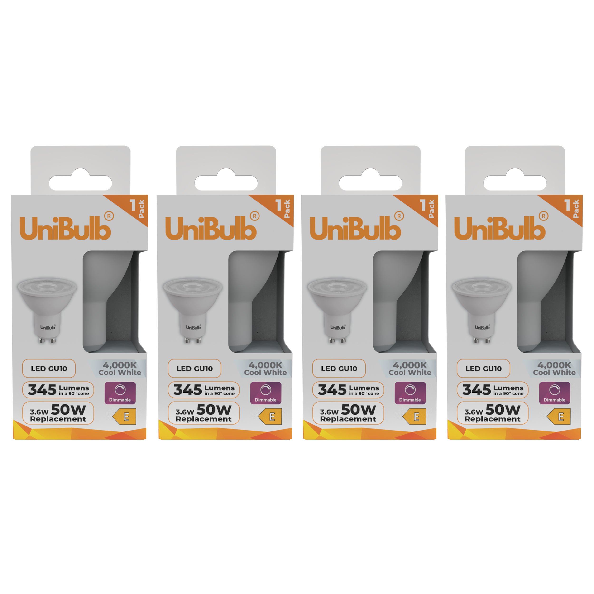 UniBulb 3.6W LED Cool White Dimmable Spotlight GU10 Light Bulb - Pack of 4