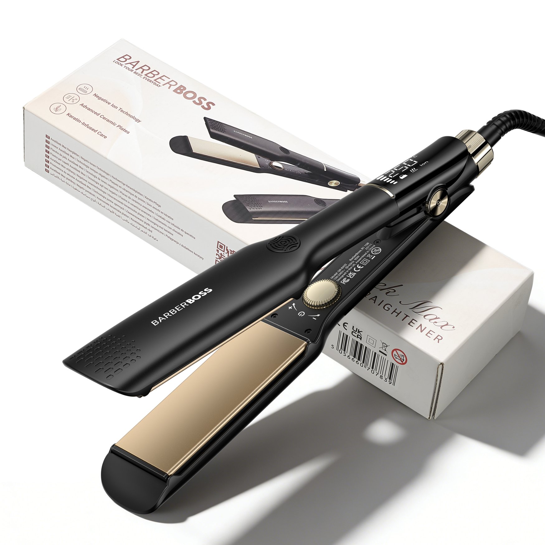 BarberBoss AuraSleek Wide Plate Ceramic Hair Straightener - Black