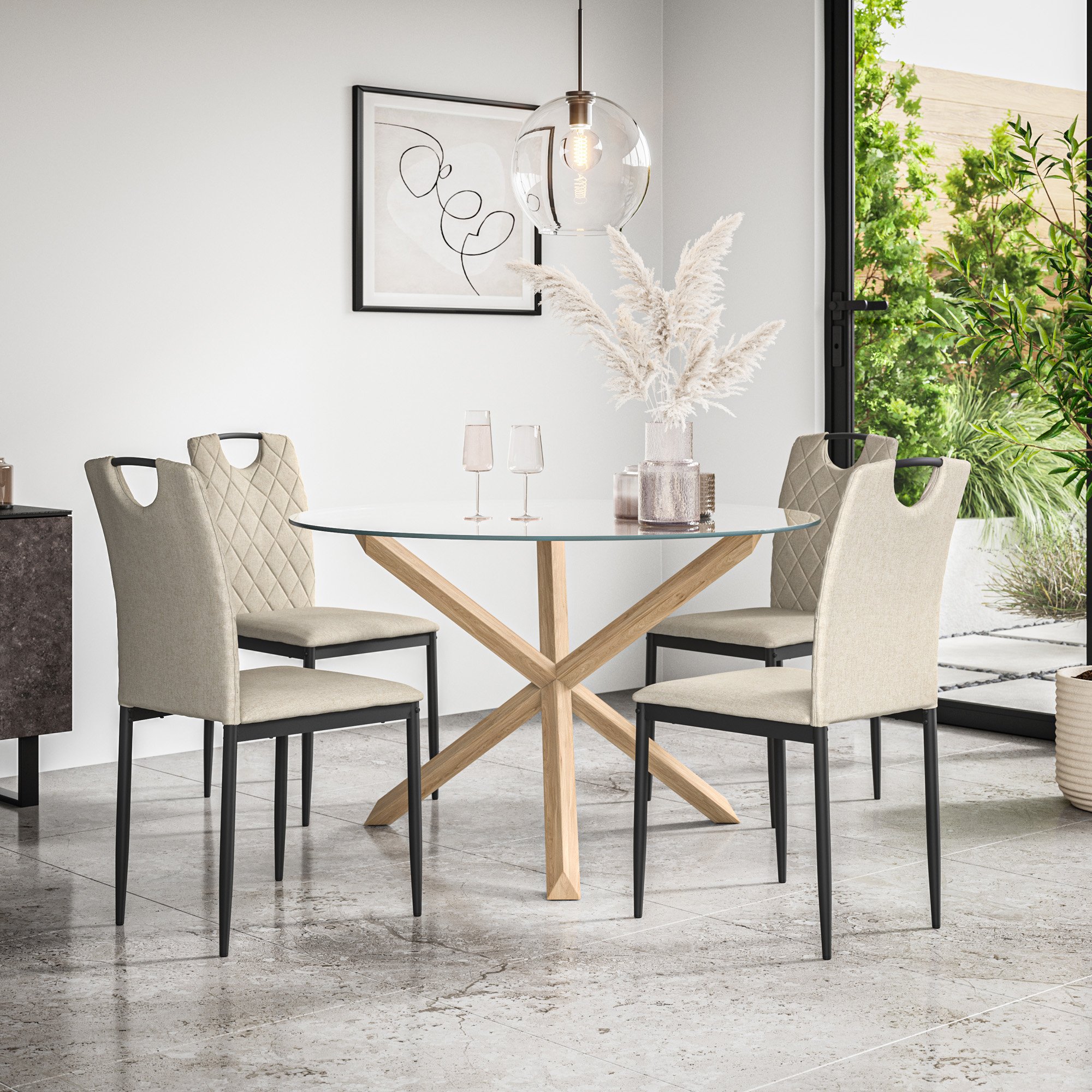 Furniture Online Malvern Monza Glass Top Dining Table & 4 Beige Chairs
