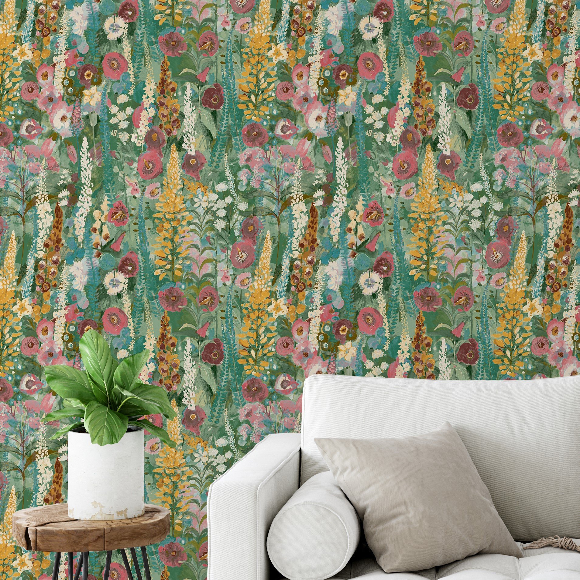 Grandeco Hand painted Delphinium Floral Garden Textured Wallpaper - Green Pink