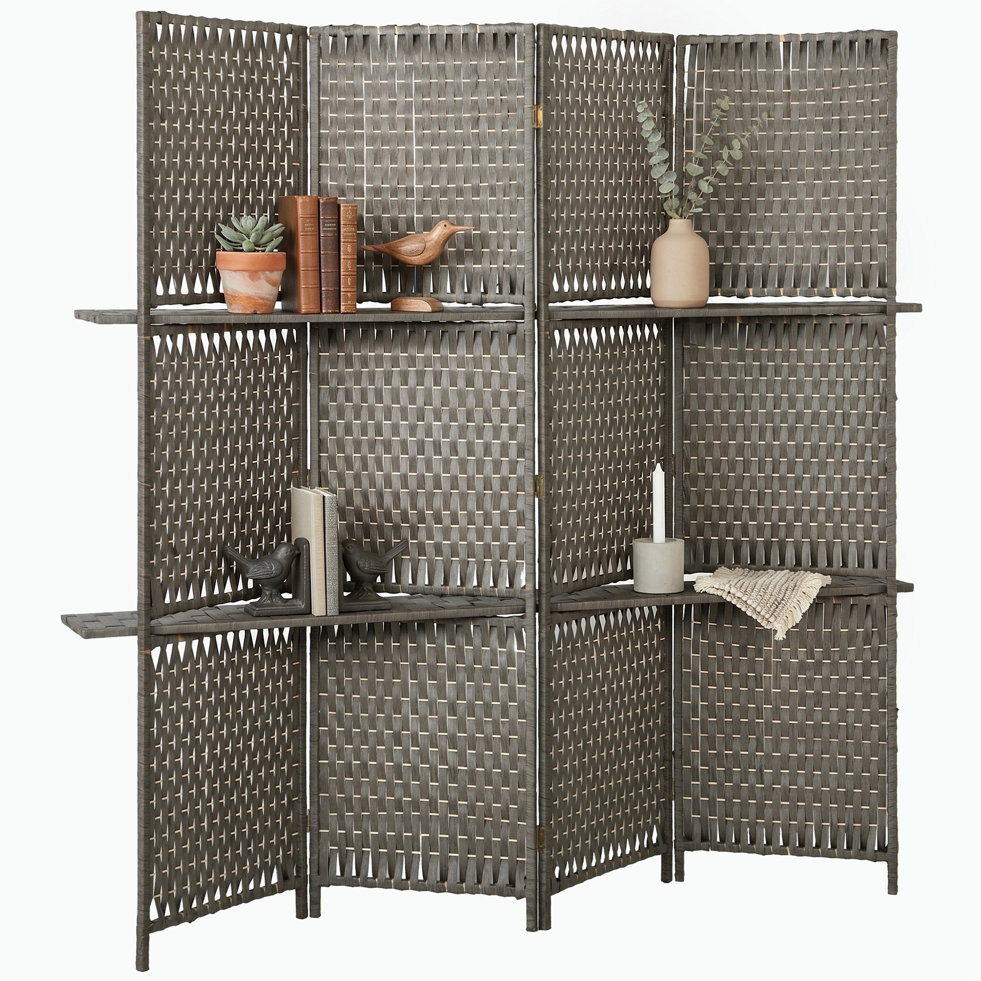 HOMCOM 4 Panel 180cm Bamboo and Paper Rope Shelved Folding Room Divider – Grey