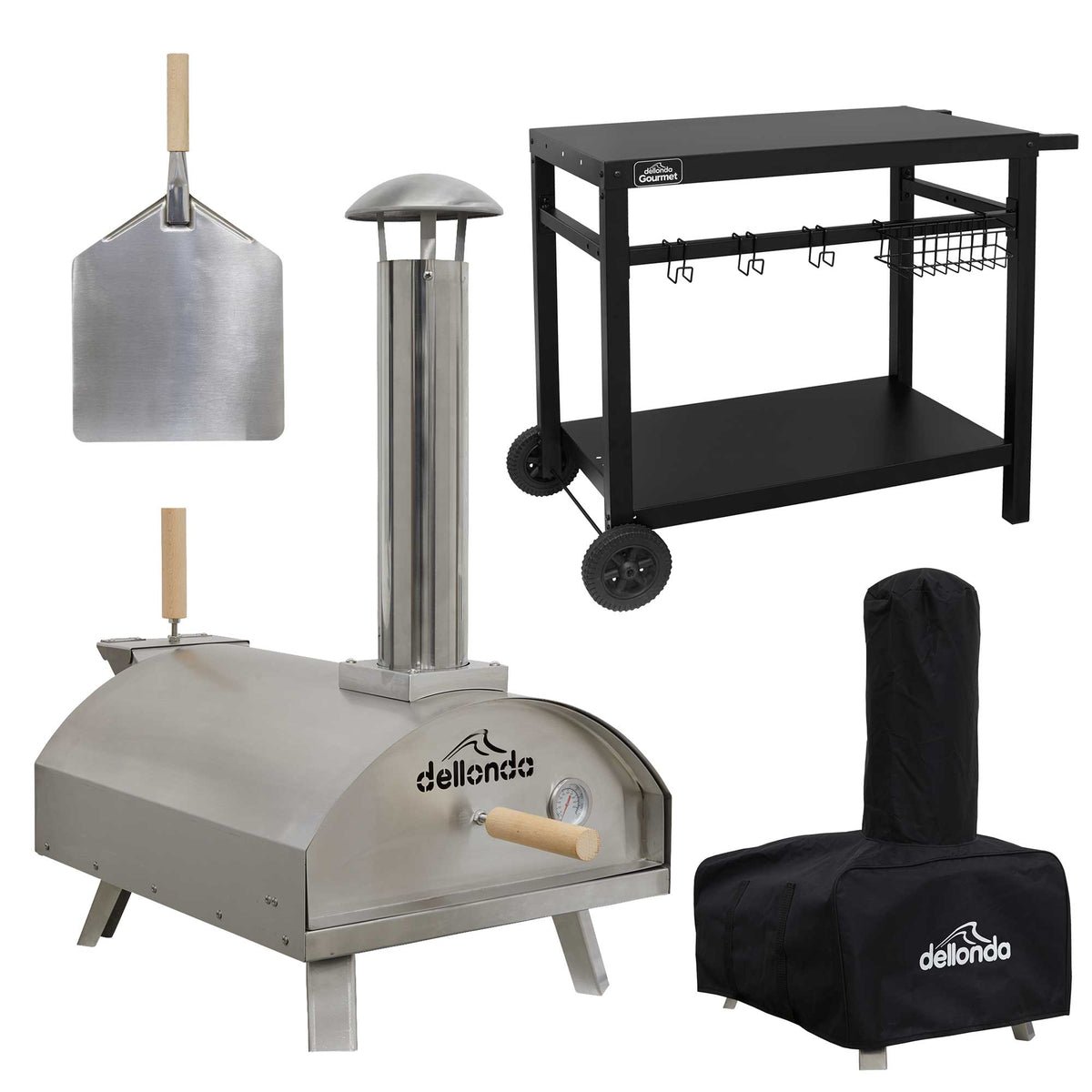 Dellonda Portable Wood-Fired Pizza Oven with Cover/Carry Bag & Trolley - Silver