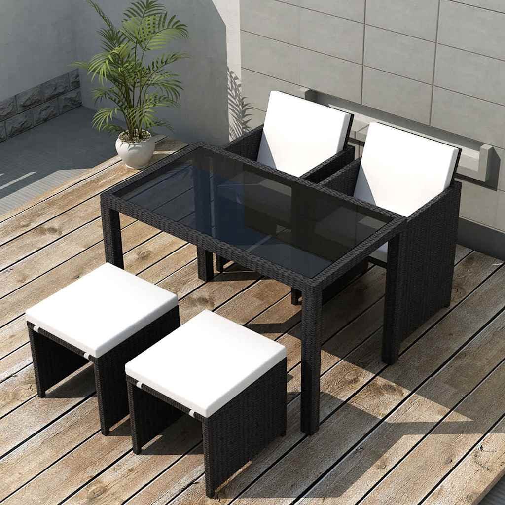 Walplus 5 Piece Poly Rattan Outdoor Dining Set - Black - 123 x 60 x 74 cm