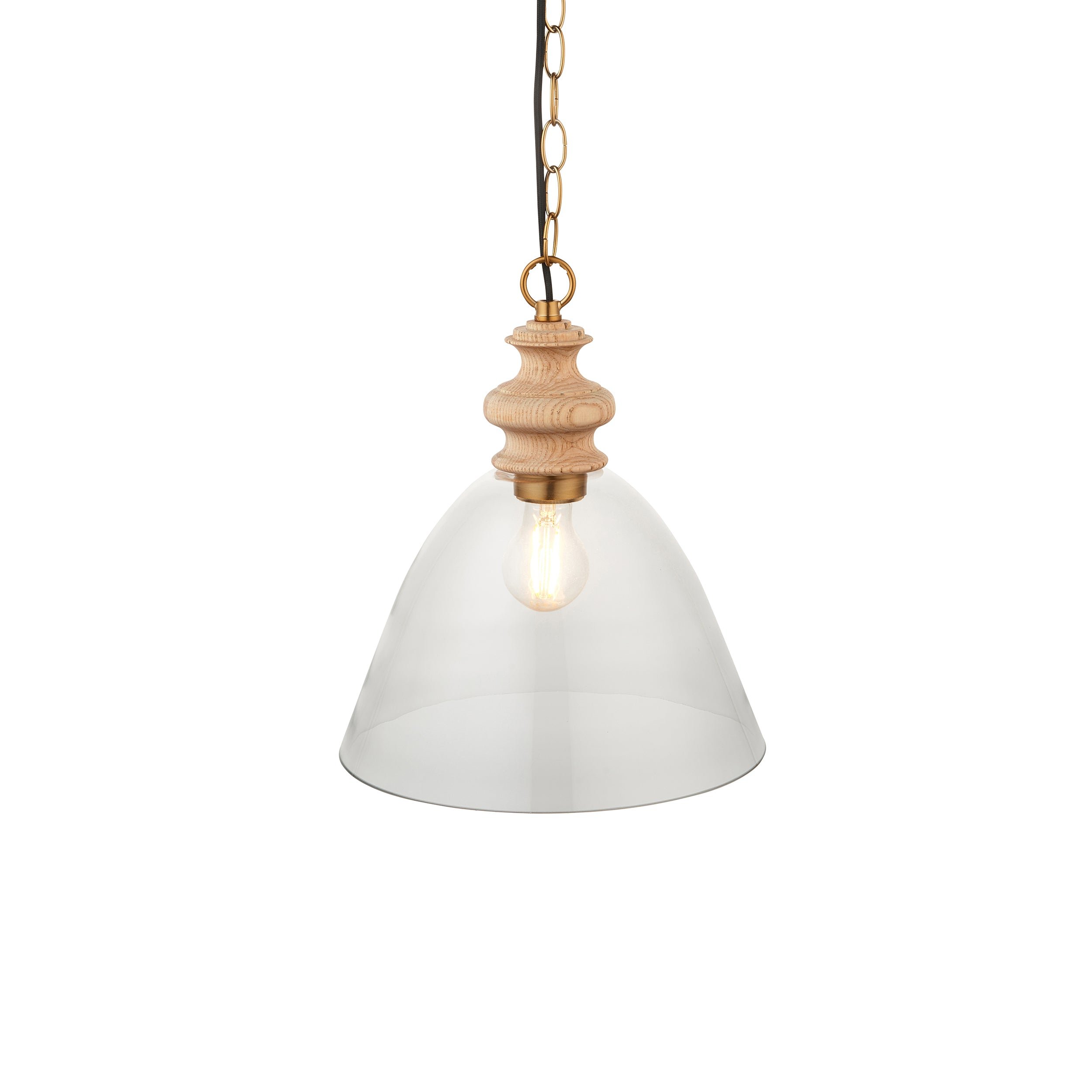 Loops Direct 29cm Ash Wood and Clear Glass Pendant Light - Brushed Aged Brass