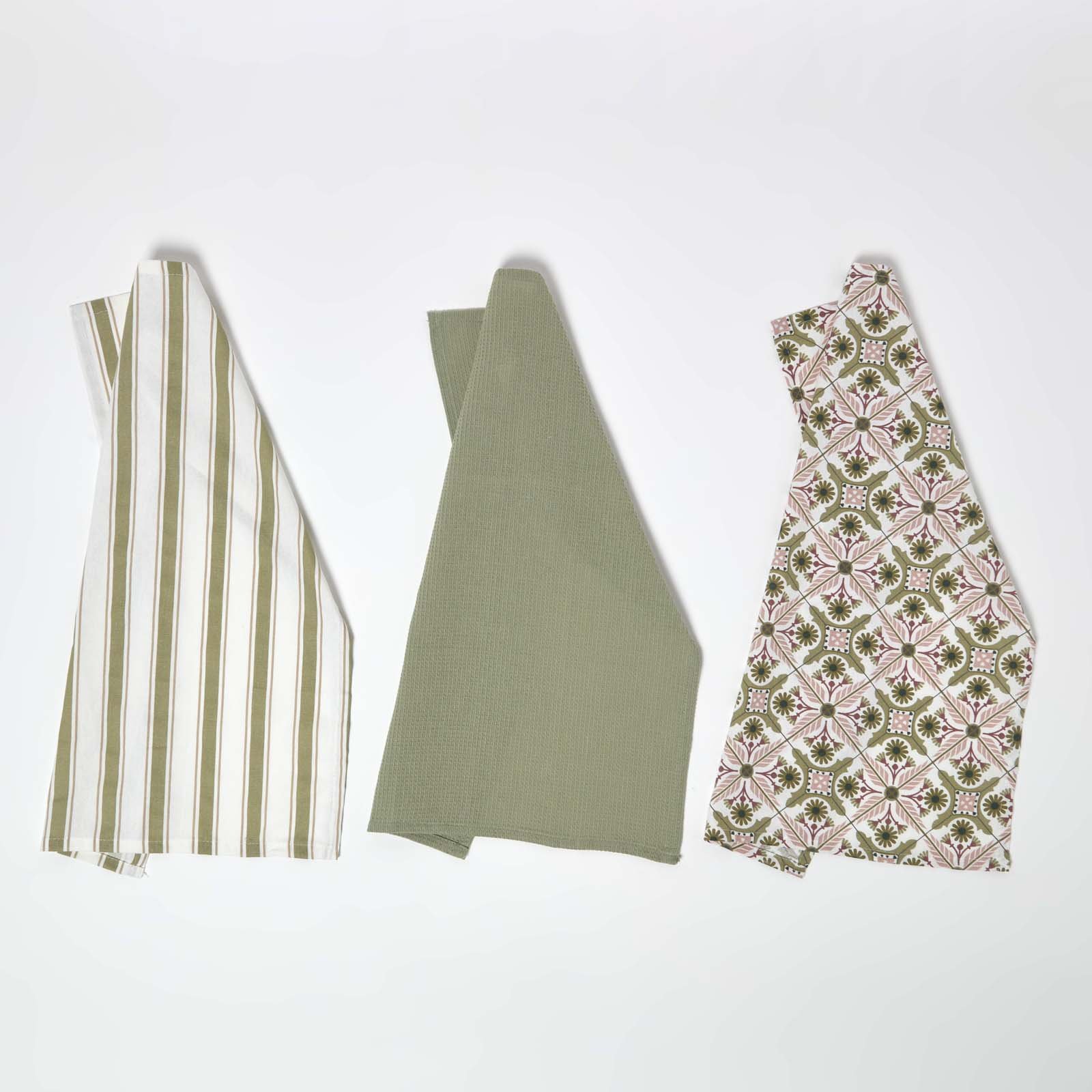 Homescapes Pack of 3 Cotton Tea Towels - Pink and Green