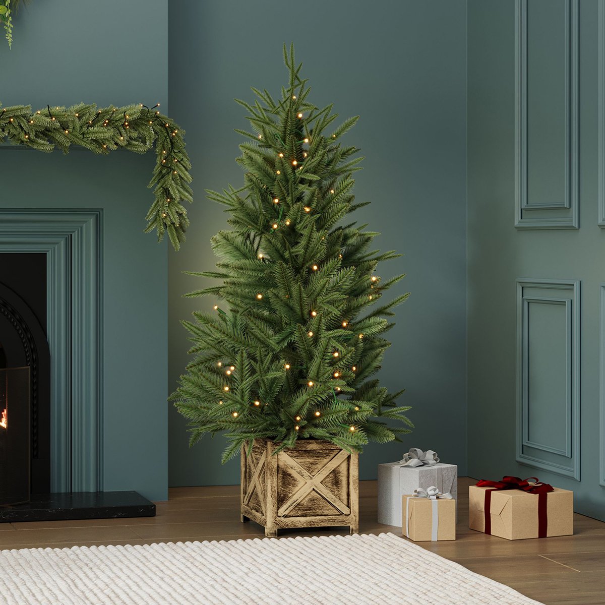 Luxury Indoor 4ft Pre-Lit Faux Christmas Tree in Box Planter