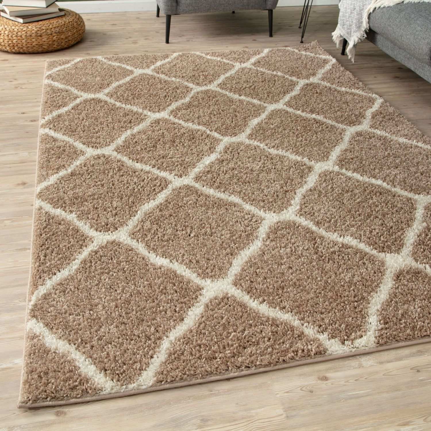 The Rugs Beige Moroccan Shaggy Lattice Rug - 80 x 150cm