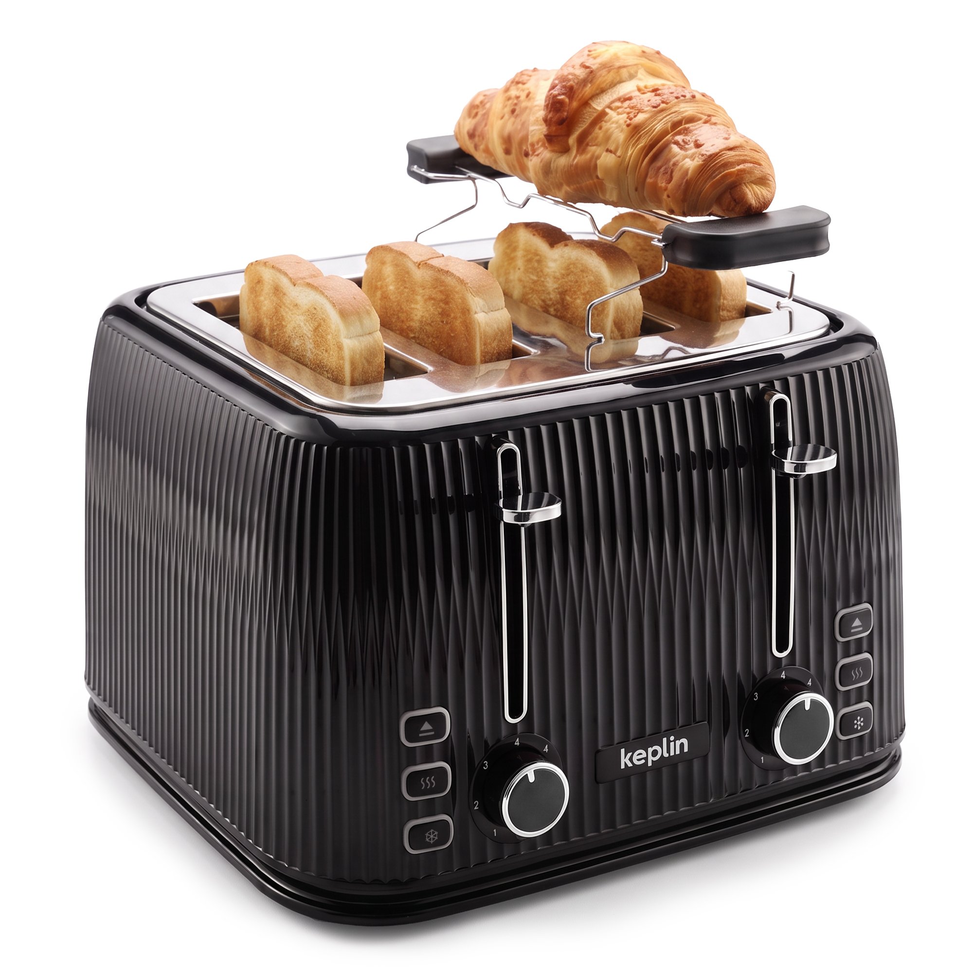 Keplin 4 Slice Wide Slot Toaster with Bun Warmer - Black