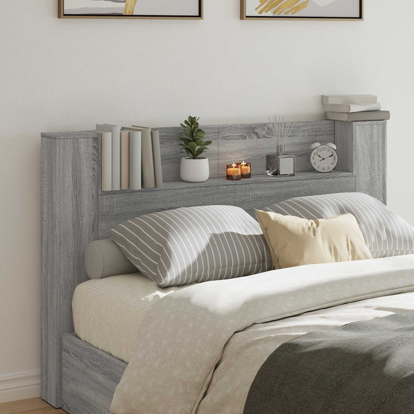Walplus Wood LED Headboard Cabinet - Grey and Oak - 160 x 16.5 x 103.5 cm