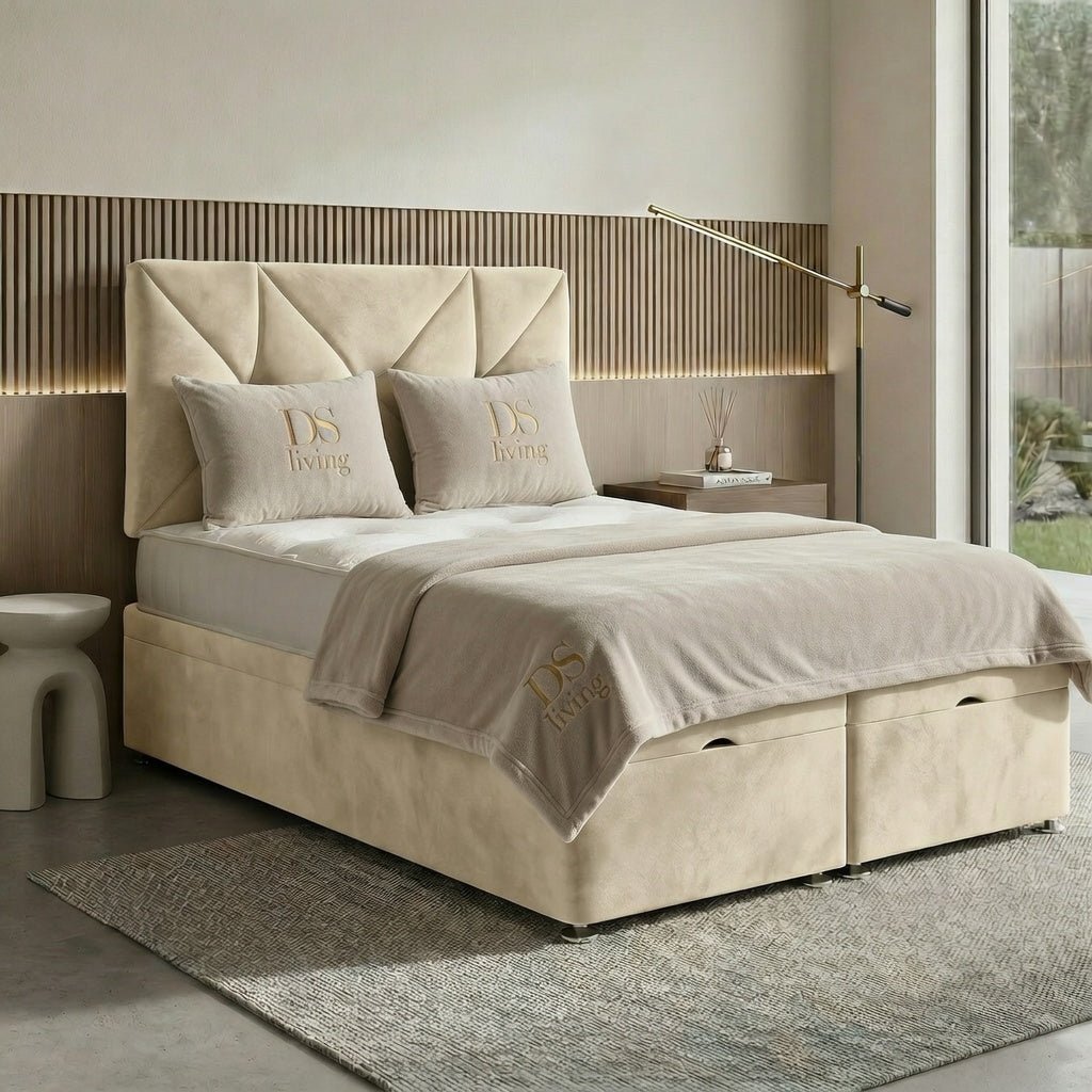 DS Living Eclipse King Size Velvet Ottoman Bed Frame - Cream