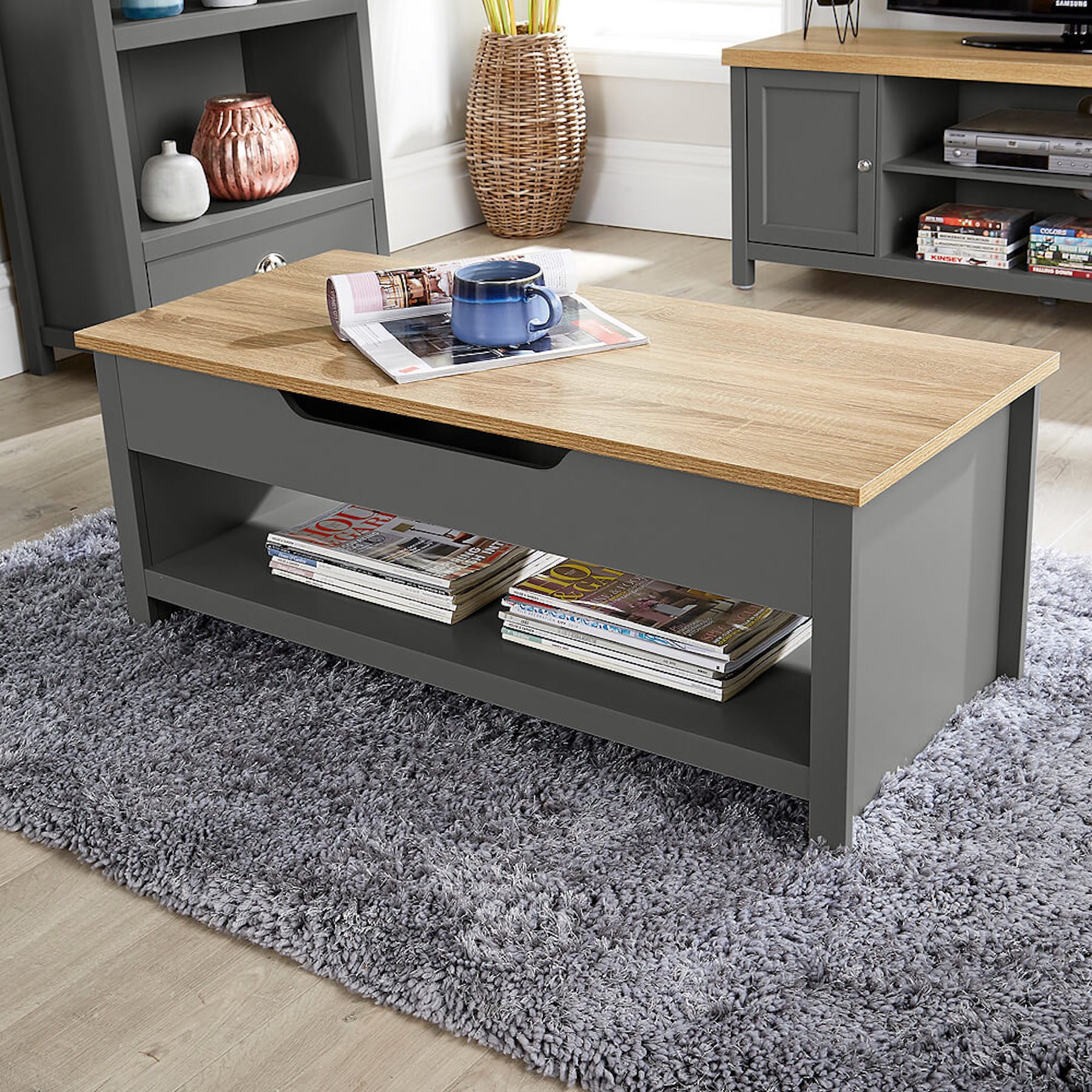 Home Source Avon Lift-Up Coffee Table with Hidden Storage - Graphite