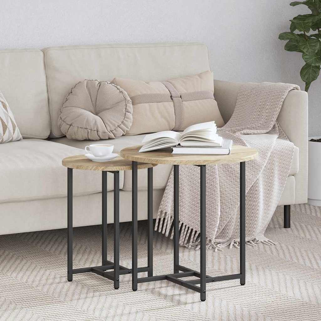 Walplus Pack of 2 Metal Side Table - Light Oak - 50 x 50 x 50 cm