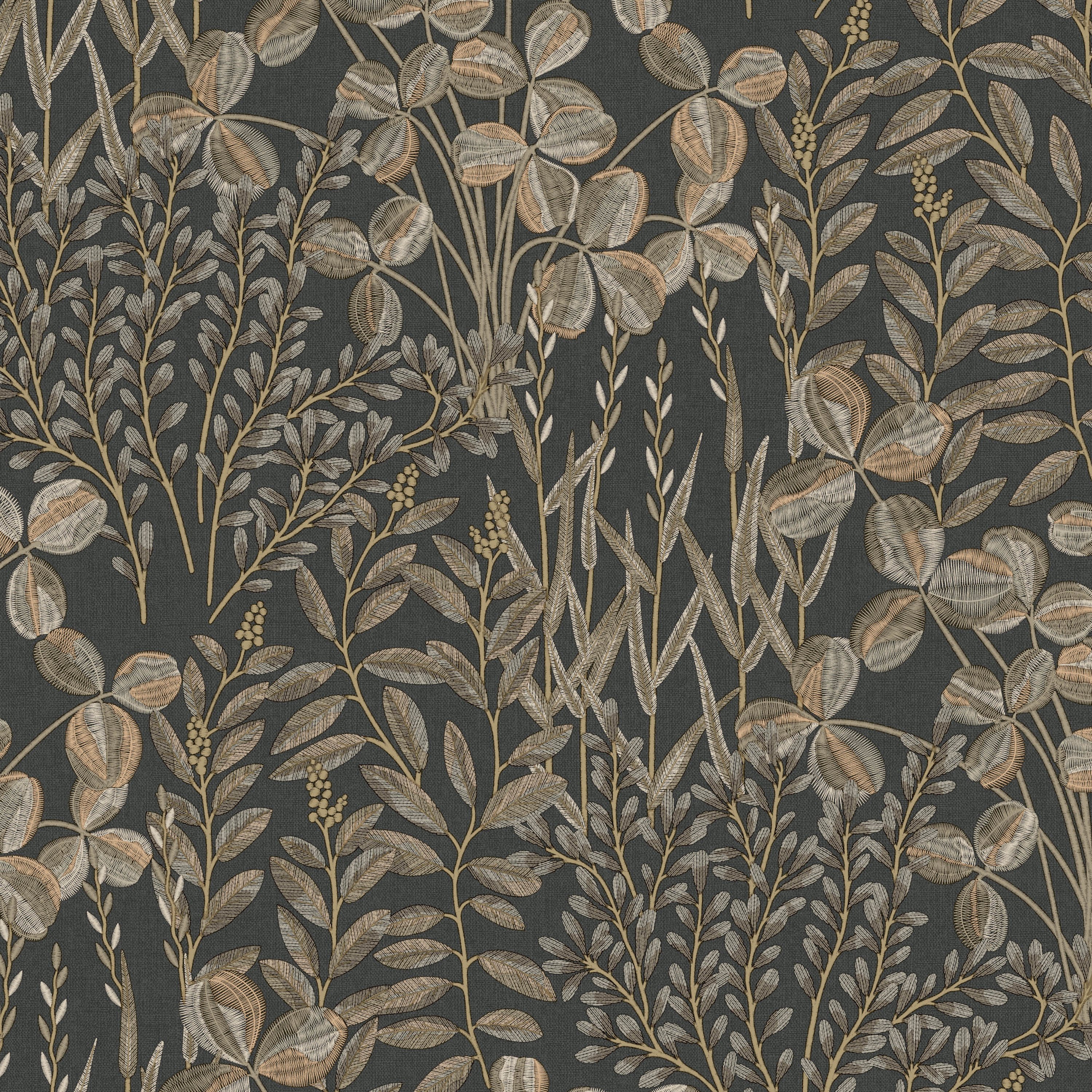 Grandeco Inia Stitched Embroidery Foliage Textured Wallpaper - Charcoal Neutral