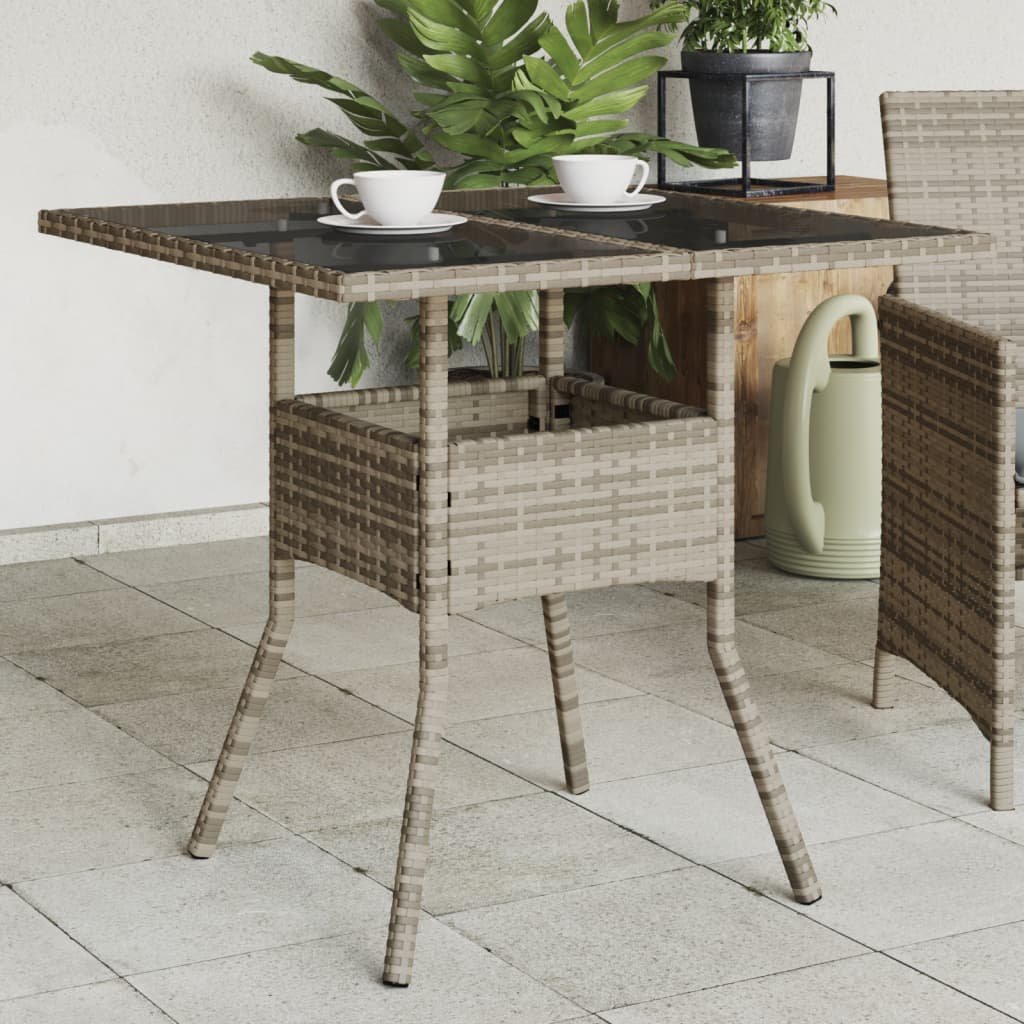 Walplus Poly Rattan Garden Table with Glass Top - Grey - 80 x 80 x 75 cm