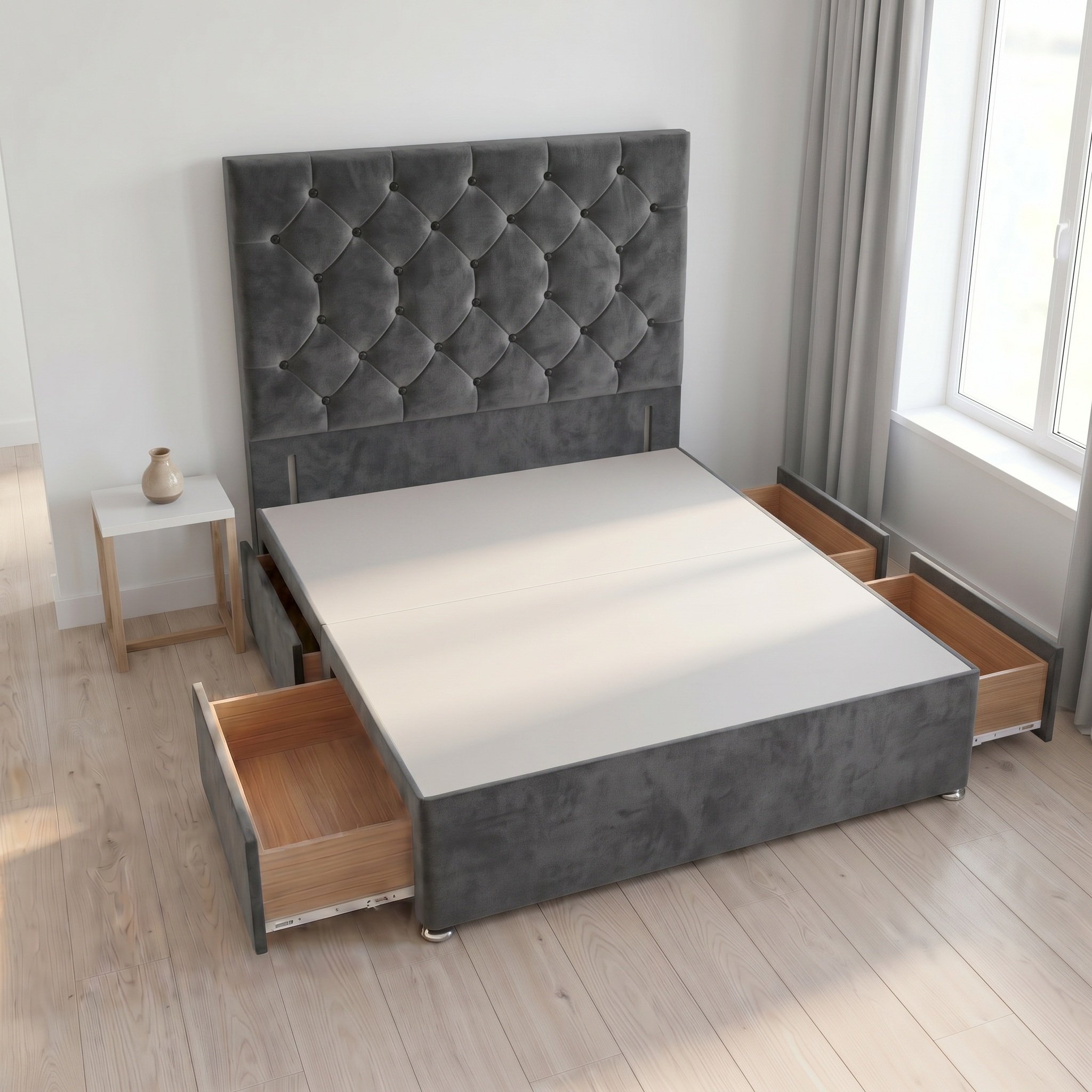Somnior Diamante Velvet 6FT Super King 4 Drawer Divan Bed Base - Charcoal