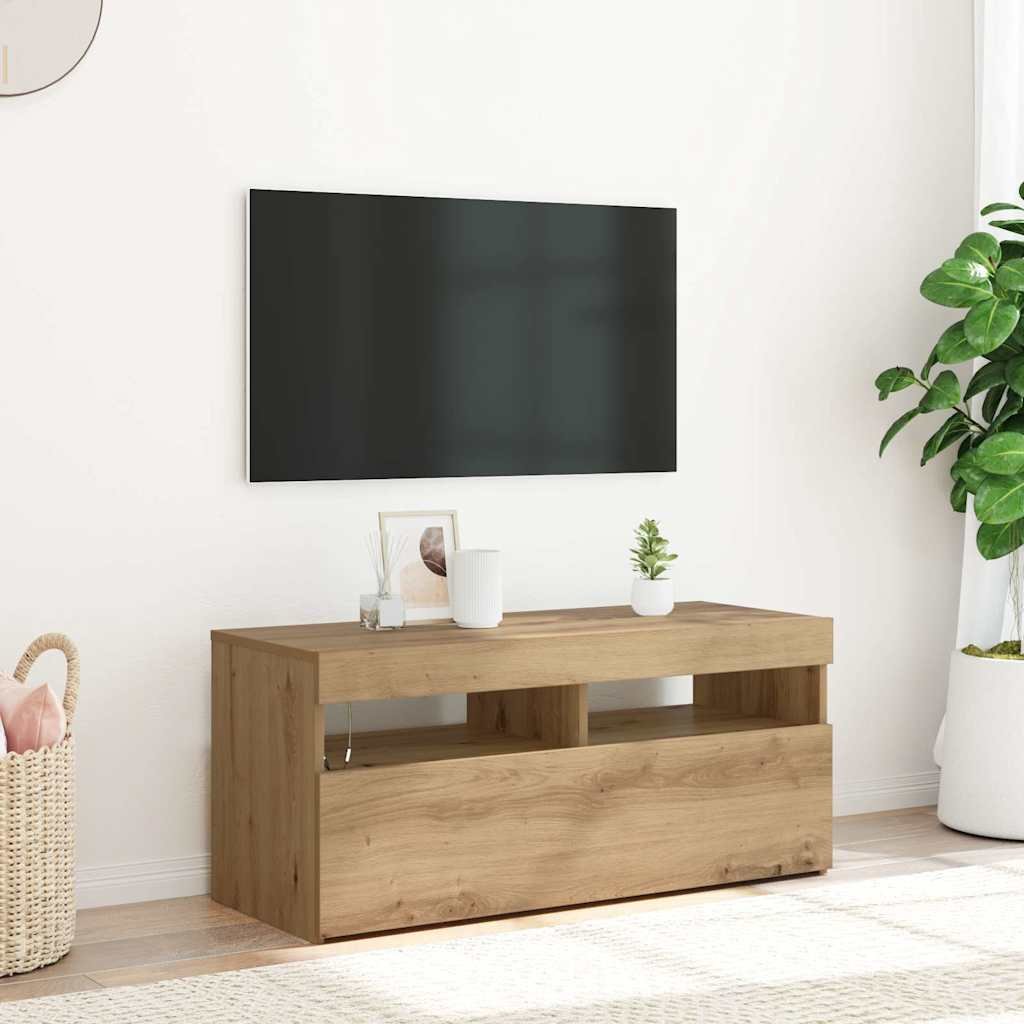 Walplus Engineered Wood RGB LED TV Cabinet - Artisan Oak - 90 x 35 x 40 cm