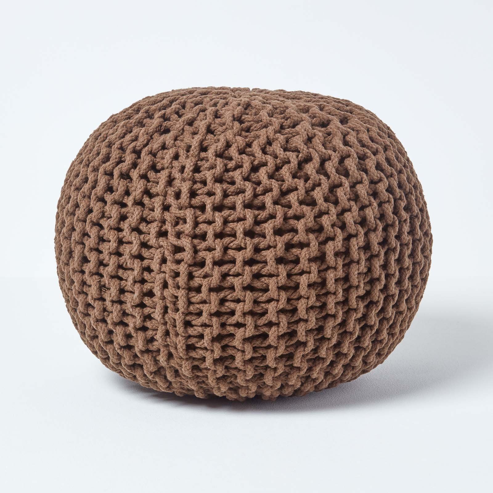Homescapes Round Cotton Knitted Pouffe Footstool – Chocolate Brown