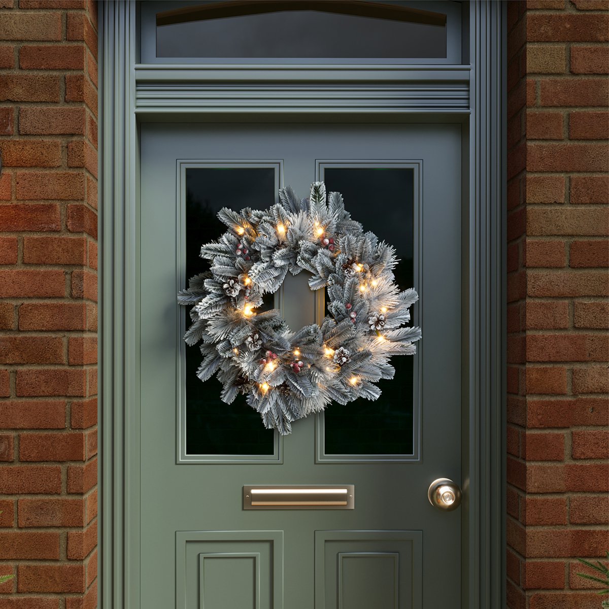 Charles Bentley Indoor Outdoor 60cm Pre-Lit Red Berry & Pinecone Snowy Wreath