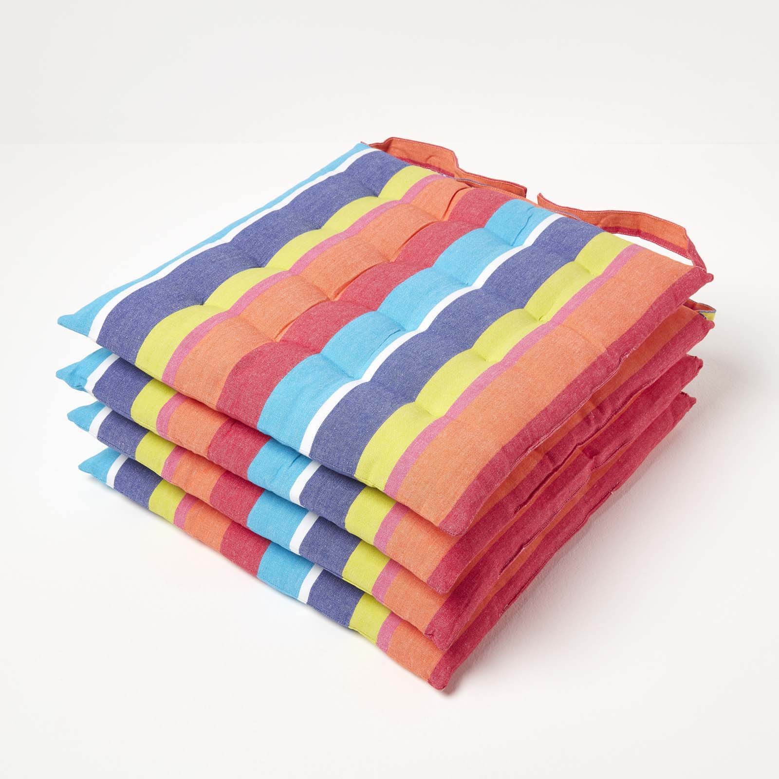 Homescapes Pack of 4 Multicoloured Stripe Seat Pad with Button Straps