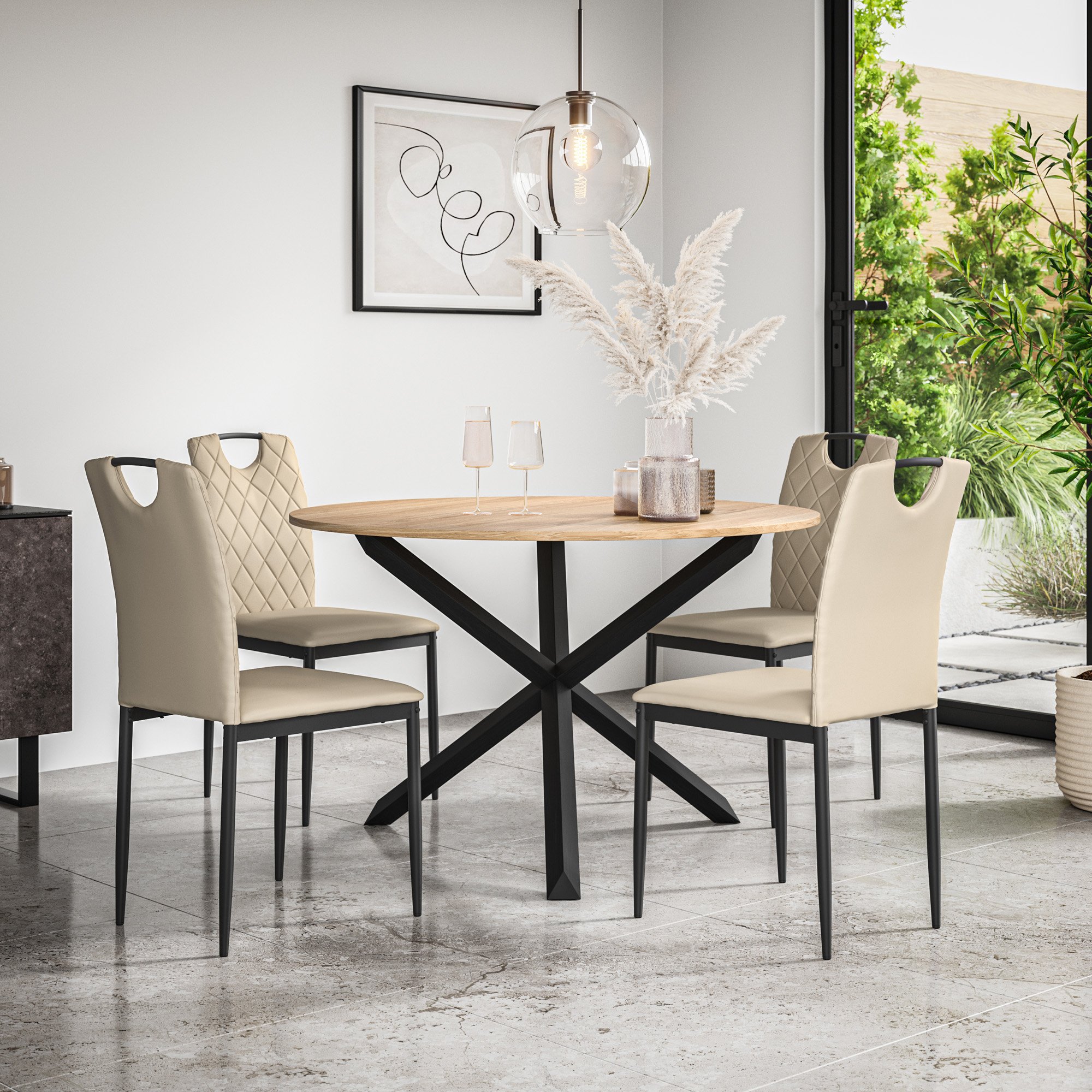 Furniture Online Malvern Monza Oak Table Dining Table & 4 Beige Chairs