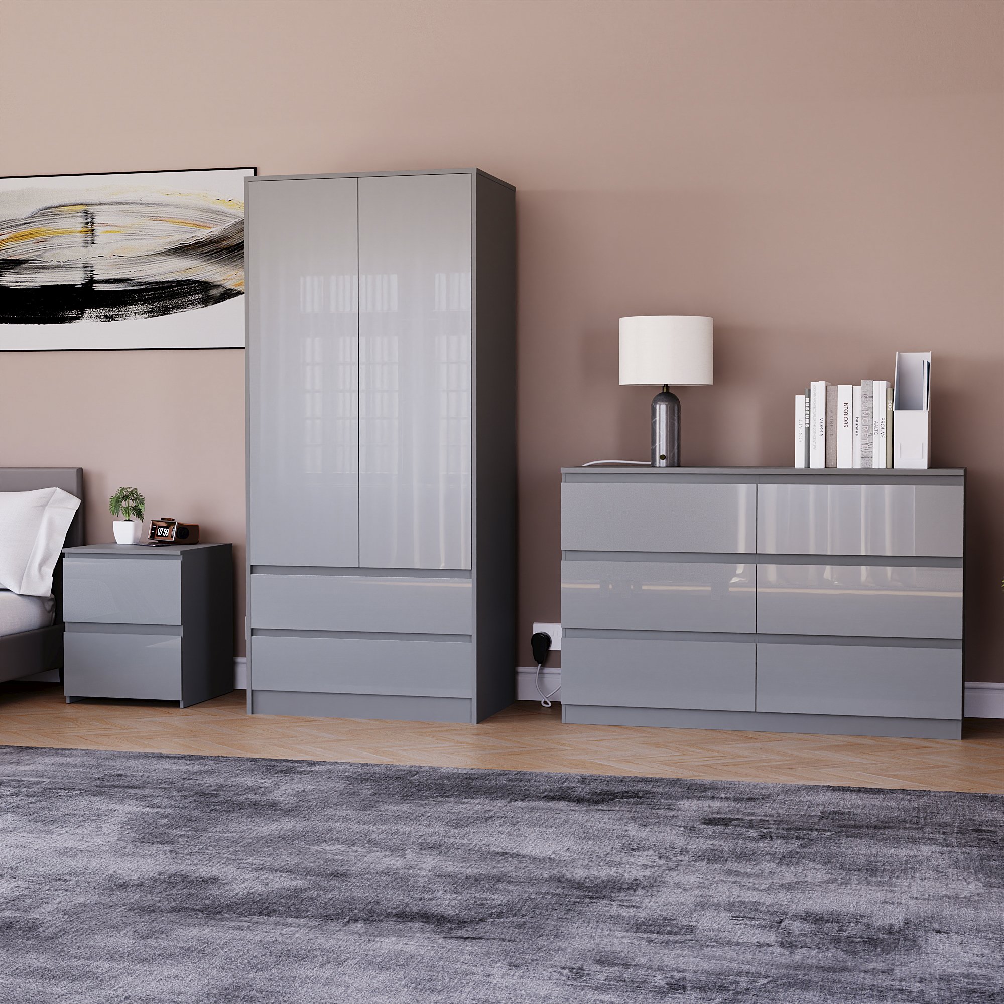 Vida Designs Glinton Bedroom Set (Bedside, 6 Drawer Chest, 2x2 Wardrobe) - Grey