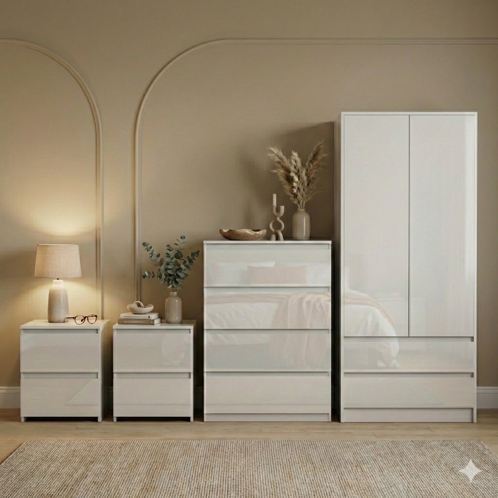 Vida Designs Glinton Bedroom Set (2x Bedside, 4 Drawer Chest, Wardrobe) - White