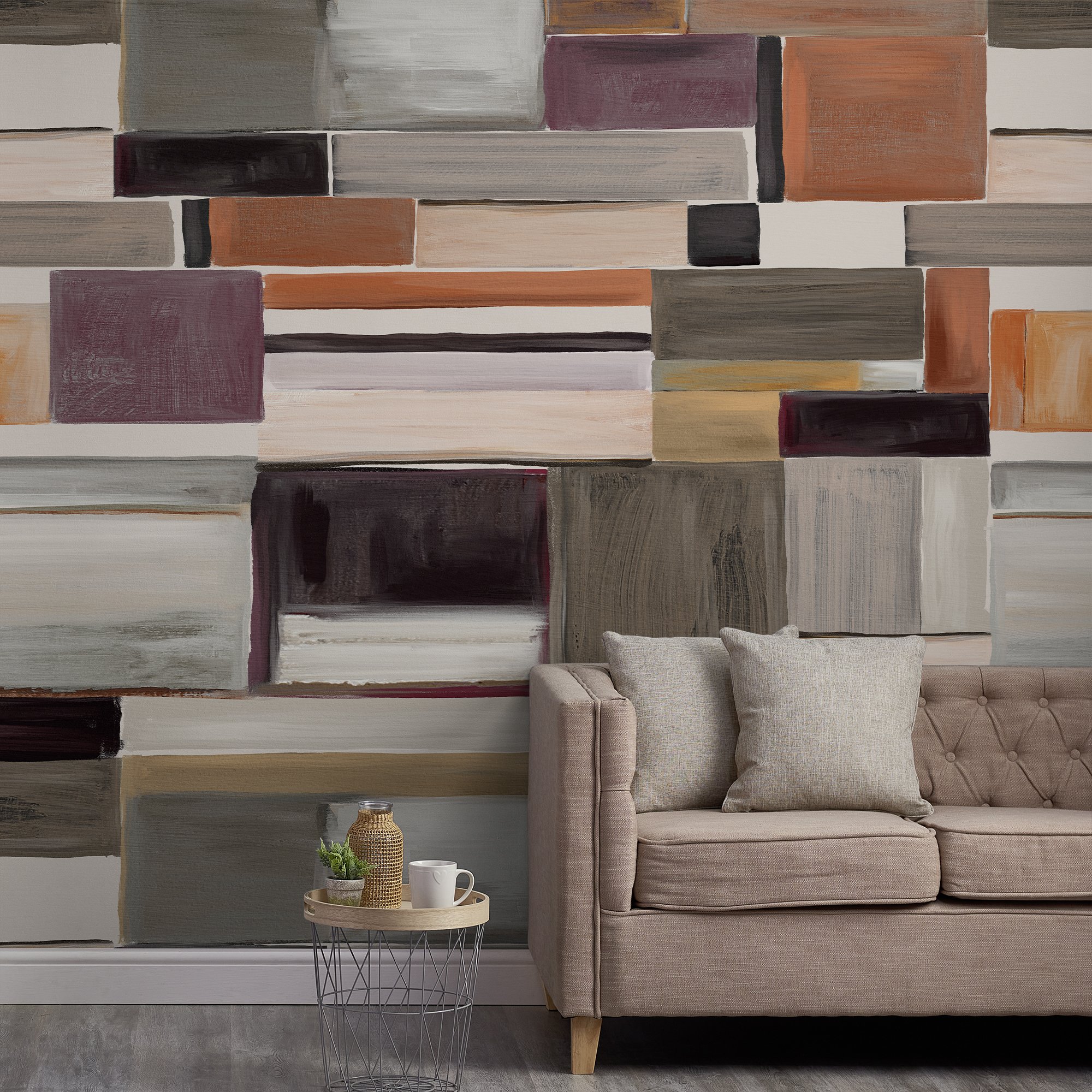 Grandeco Retro Colour Blocks 7 Lane Textured Wallpaper Mural  - Orange