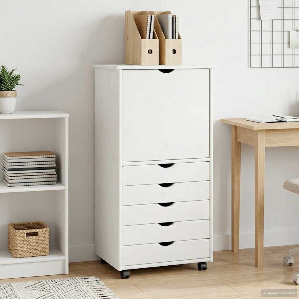 Walplus 5 Drawer Solid Pine Rolling Cabinet - White - 53 x 39 x 103 cm